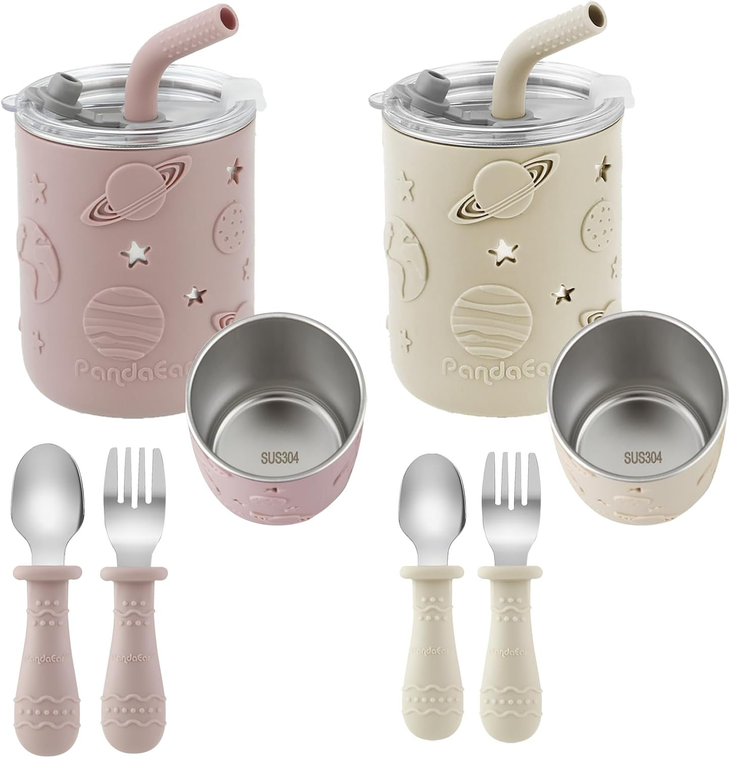 Pandaear 2 Pack Stainless Steel Sippy Cups with Straw and 2 Spoons 2 Forks