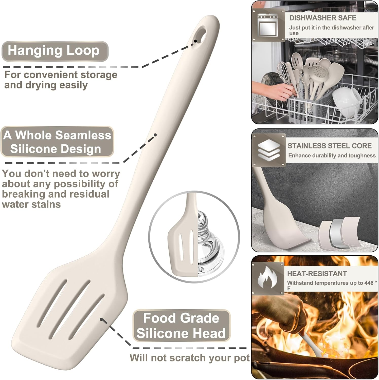 Silicone Kitchen Cooking Utensils Set, AIKKIL 43 Pcs Heat Resistant Khaki Cooking Utensils Set, Turner, Tongs, Spoon, Spatula, Kitchen Gadgets Tools Set for Nonstick Cookware(Dishwasher, BPA Free) - Pink image number 6