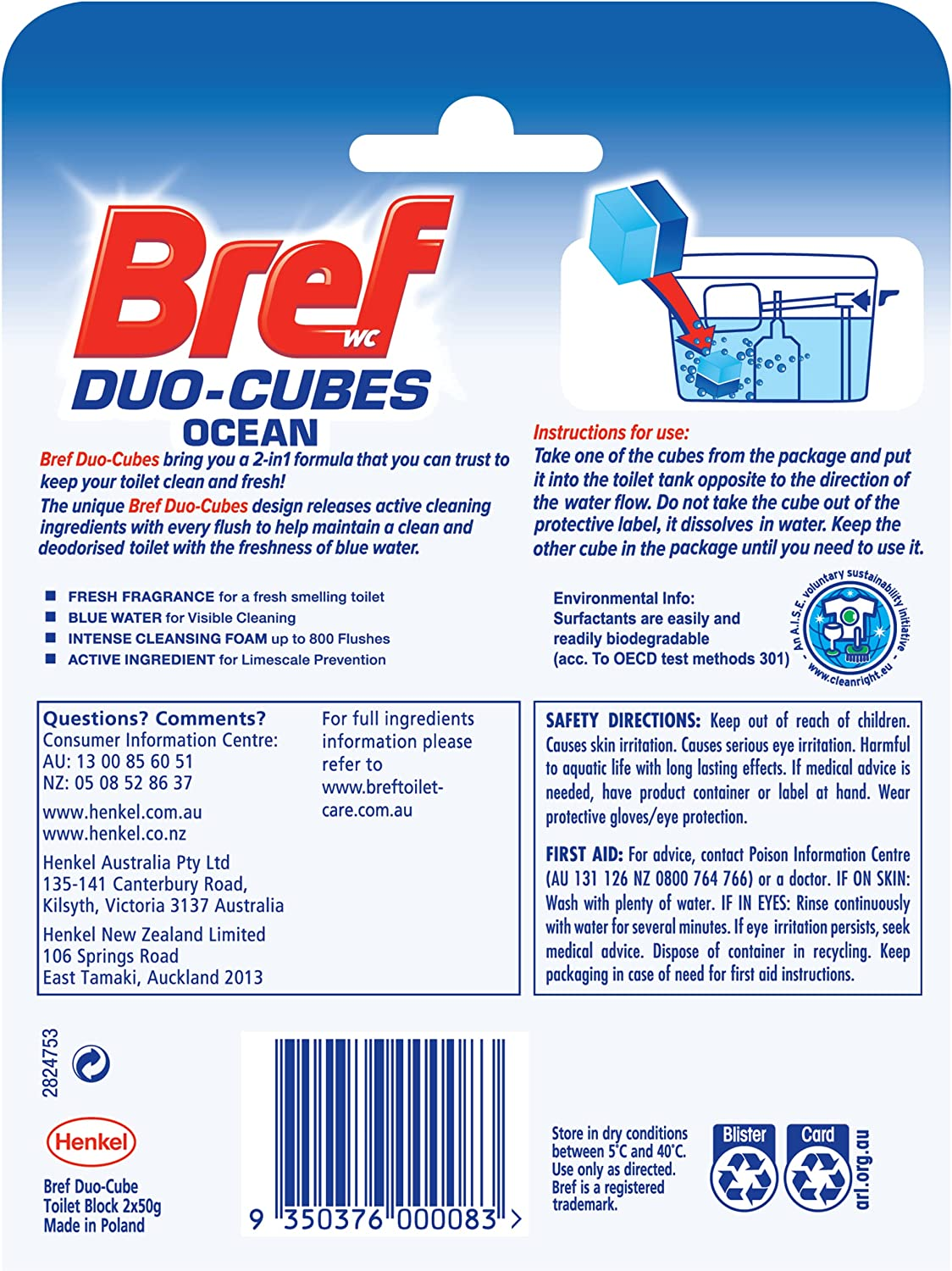 Bref Duo Cubes Original, in Cistern Toilet Cleaner, Blue Water, 2X50G, 100G 100 Grams image number 1