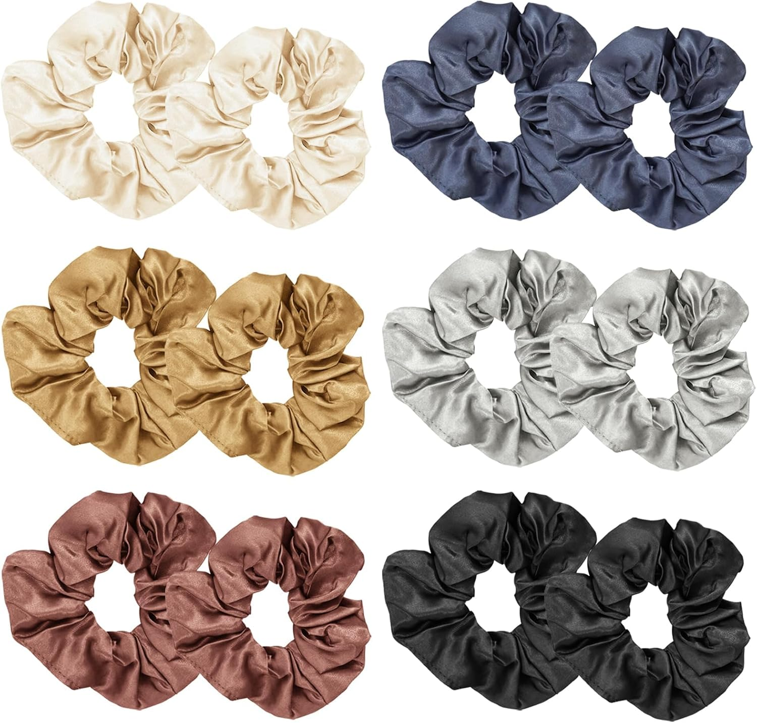 12 Pack Satin Scrunchies for Women - Soft Hair Ties, No-Damage Ponytail Holders with Elastic Band - Gentle Hair Accessories for Thick/Thin/Curly Hair (6 Colors, 2 Sizes per Set) image number 1