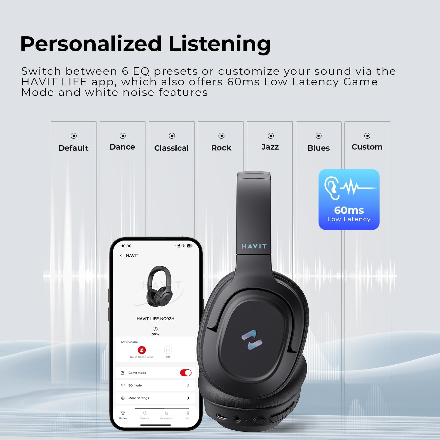 Havit Active Noise Cancelling Headphones, Wireless over Ear Bluetooth Headphones with 60Ms Low Latency Game Mode, 50H Playtime, Foldable Overhead Headphones with Deep Bass, Bluetooth 5.4, App Control