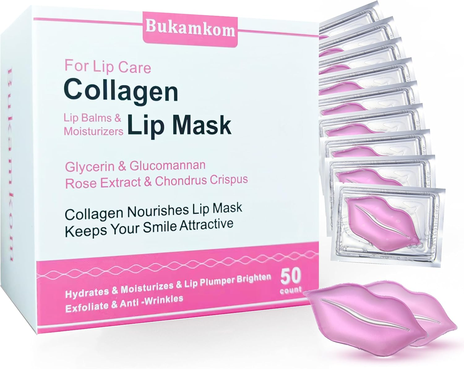 Bukamkom Collagen Lip Masks Bulk(20 Pieces/Box),Lip Mask Sheet Lip Care to Reduce Dark Lips and Lip Lines to Remove Dead Skin Moisture,Bulk Lip Masks Individually Wrapped (20) image number 4
