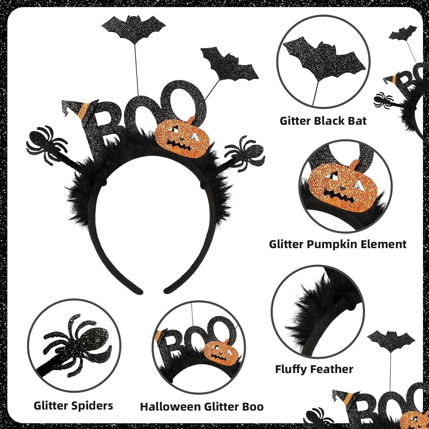 Halloween Bat Headband - Glitter BOO Headband with Adjustable Bats, Pumpkins & Witch Hat - Elastic Spooky Hair Hoop for Women, Kids & Adults - Halloween Party, Cosplay & Costume Accessories