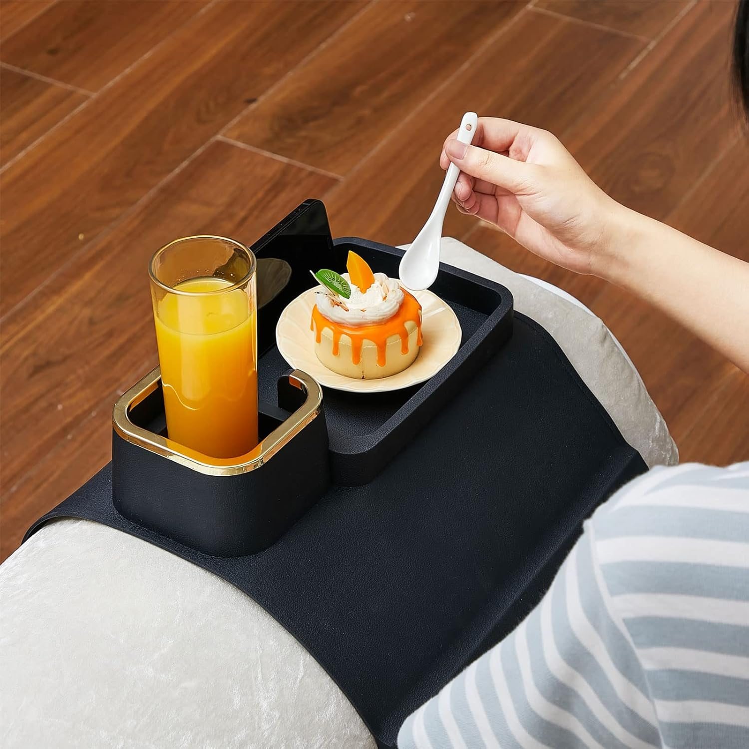 Tessco 2 Pack Couch Cup Holder anti Slip Recliner Table Tray Silicone Sofa Armrest Tray Weighted Couch Arm Table anti Spill Couch Drink Holder Cozy Couch Tray for Chair (Black,12.6 X 16.34 Inch) - Black image number 2