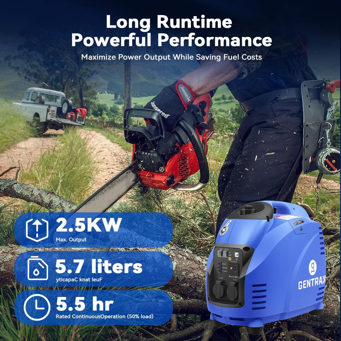 GENTRAX Inverter Generator - 2.5KW Max, 2.2KW Rated, 100% Pure Sine Wave, Portable for Camping Home, Petrol - Blue image number 2