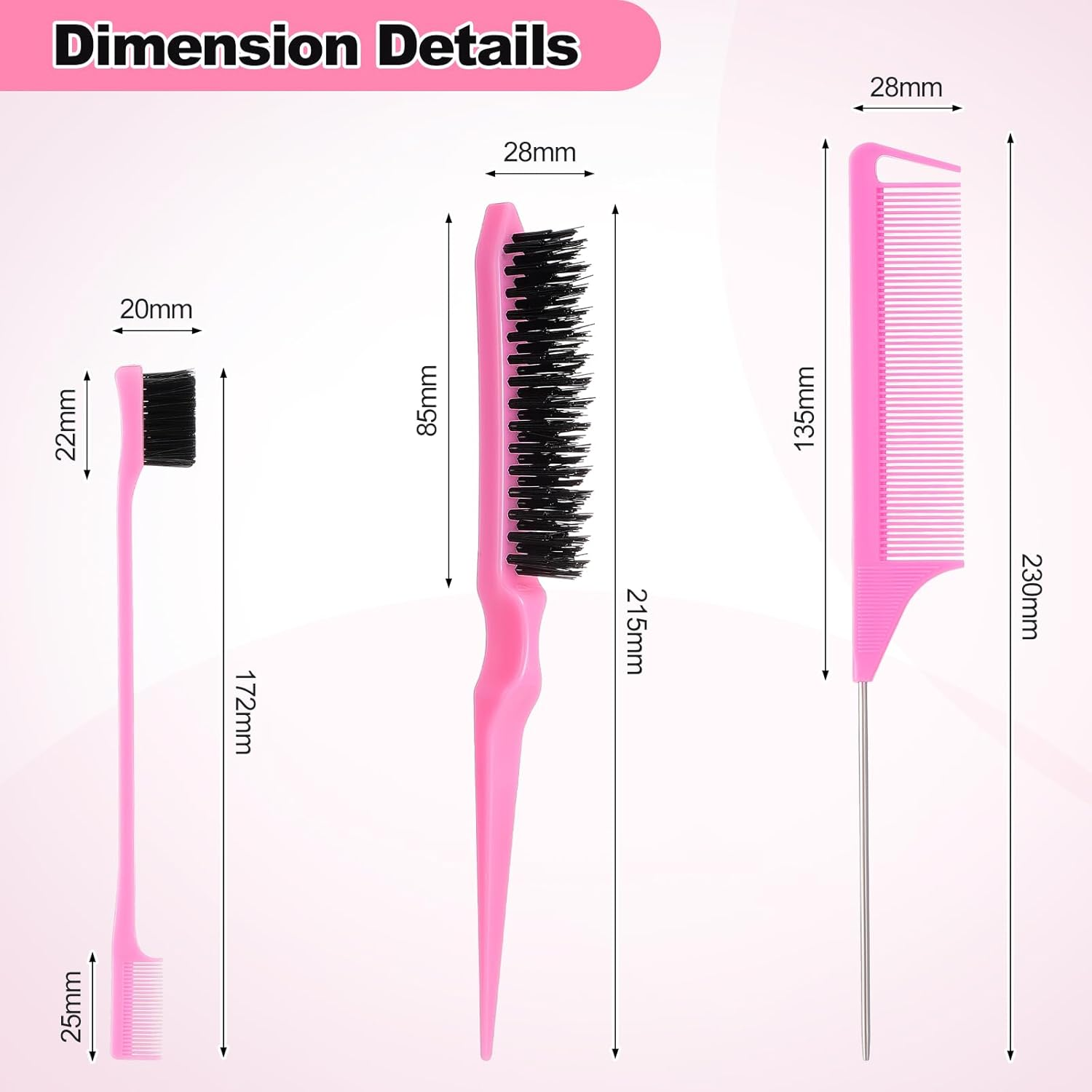 Hongien Sleek Bun Brush Edge Brush Rat Tail Comb Teasing Hair Brush Toupee Brush Baby Hair Suitable Sleek Braid Set for Hairdressers Women Baby Children Pack of 3 image number 4