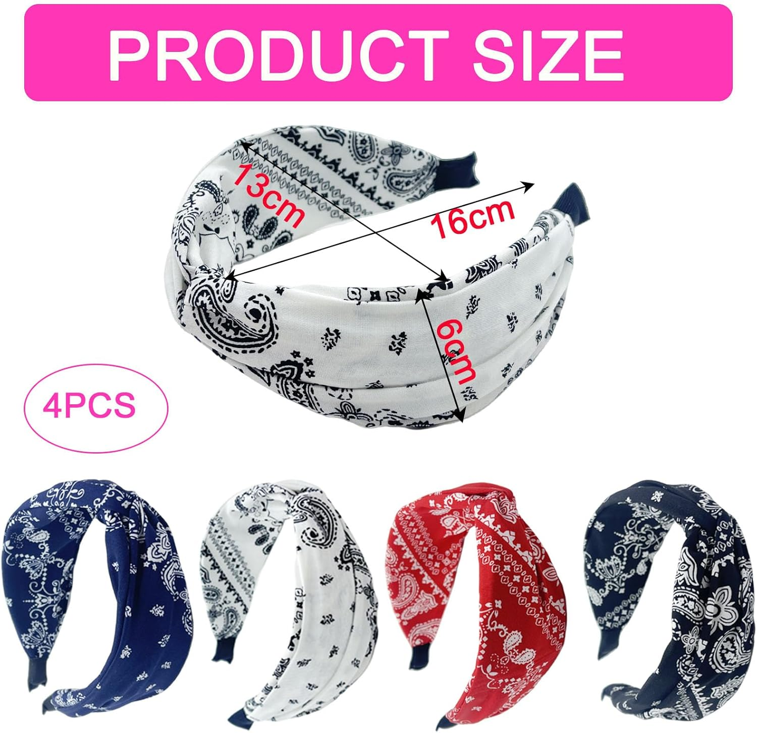 Pack of 4 Wide Paisley Headbands, Women'S Hair Bands with Knots, Vintage Rockabilly Headbands, Wide Knot Turban, Elastic Hair Bands, Non-Slip Hair Accessories, Hair Accessories for Women and Girls