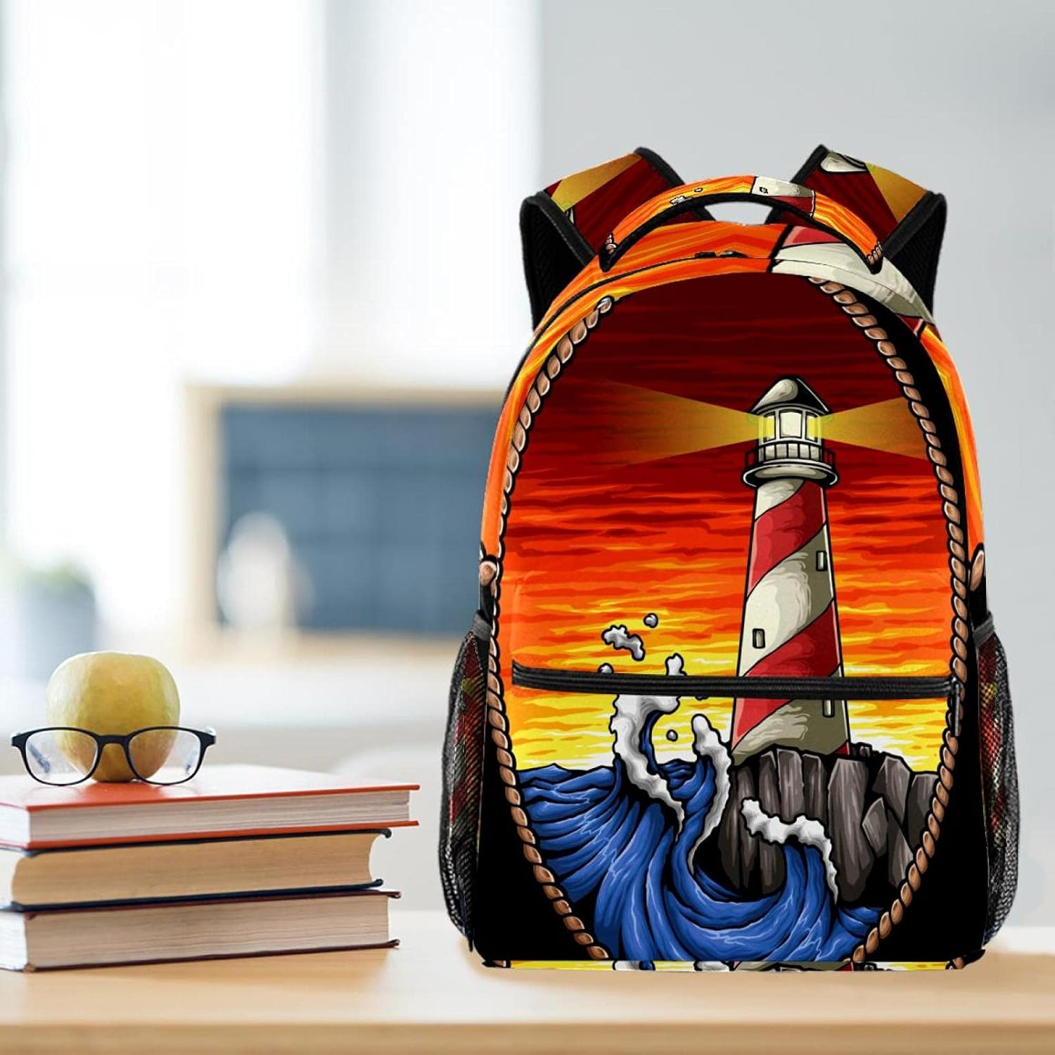 Lighthouse in the Sunset with Wave and Rock Backpack Students Shoulder Bags Travel Bag College School Tote Backpacks image number 4