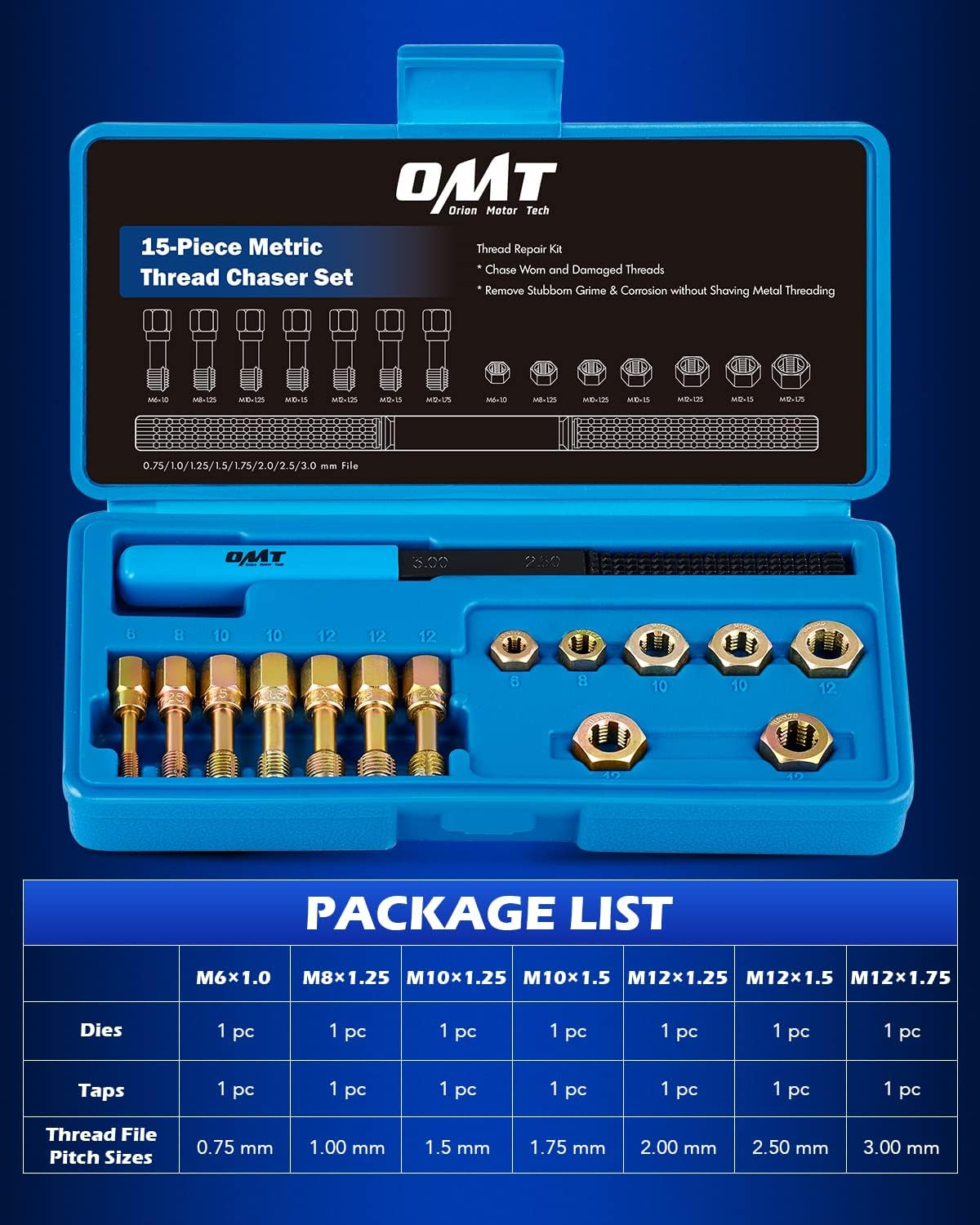Orion Motor Tech 15 Piece Metric Thread Chaser Set, Master Thread Repair Kit Includes 7 Taps 7 Dies 1 Thread File, Universal Rethreading Kit Thread Restorer Tool Set in M6 M8 M10 M12 Sizes image number 6