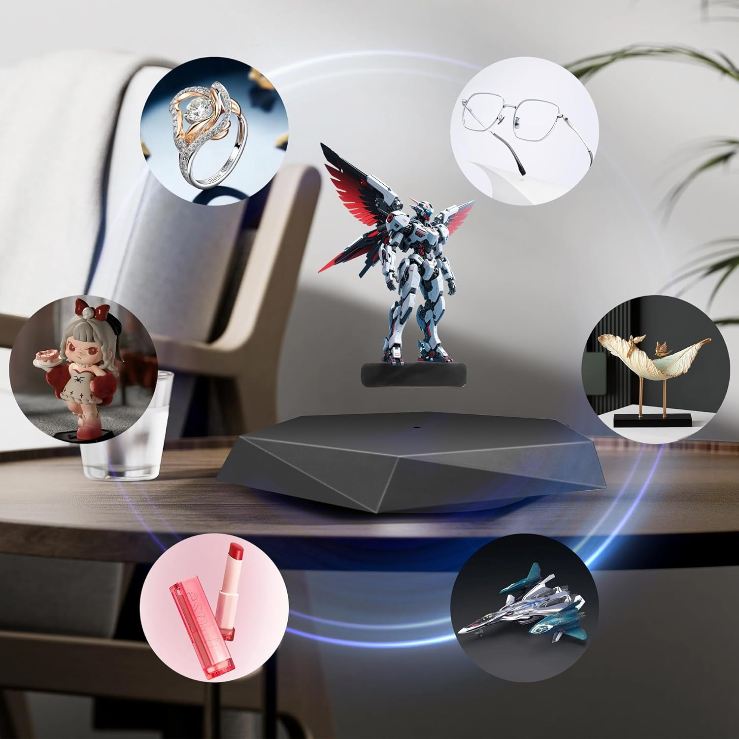 Levitating Display Stand, Magnetic Floating Display for Toys, Figures, Miniatures, 360&deg; Automatic Rotating Stand, Levitating Decor for Home & Office, Birthday &, Black Plastic
