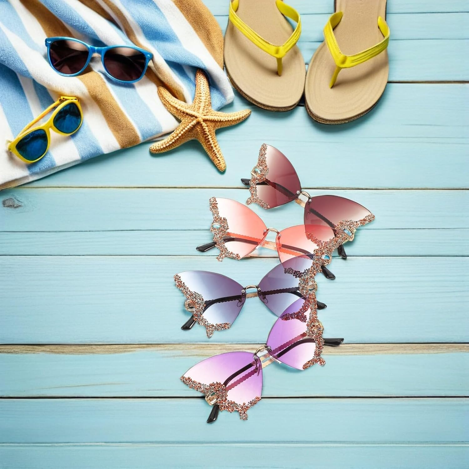 Yardenfun 4Pcs Rhinestone Butterfly Sunglasses for Women Lightweight Rimless UV Protection Retro Style for Beach Parties Festivals and Everyday Wear image number 2