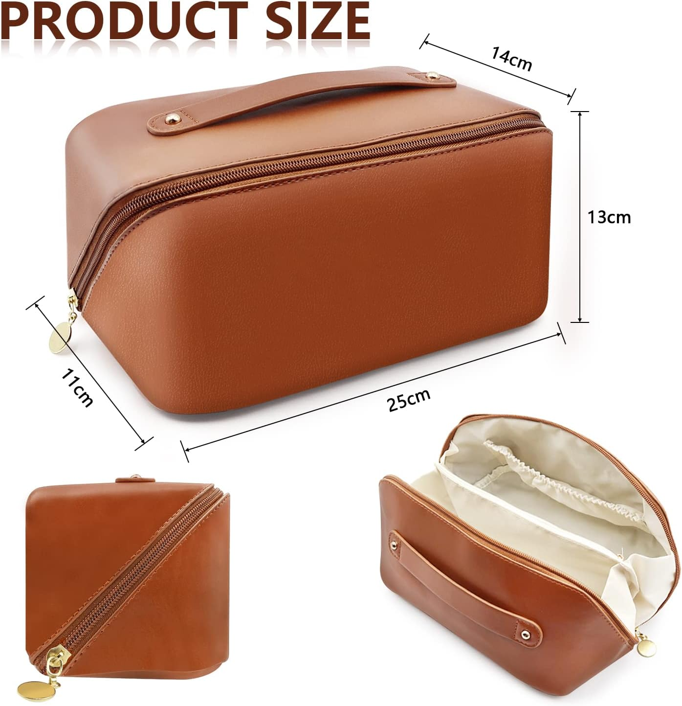 Cosmetic Bag, Large Capacity Travel Makeup Bag, PU Waterproof Storage Cosmetic Bag, Women Portable Travel Makeup Bag with Handle and Divider Flat Lay Makeup Organizer Bag (Brown) image number 3