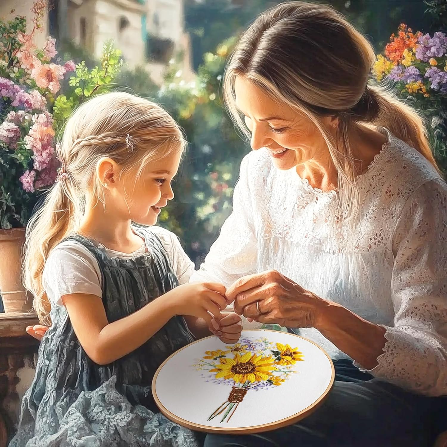 SHIPKEY 4 Sets Embroidery Kit, Beginner Stamped Stitching Kit for Adult, Starter Hand Embroidered Kits with Stamped Patterns | Sunflower image number 1