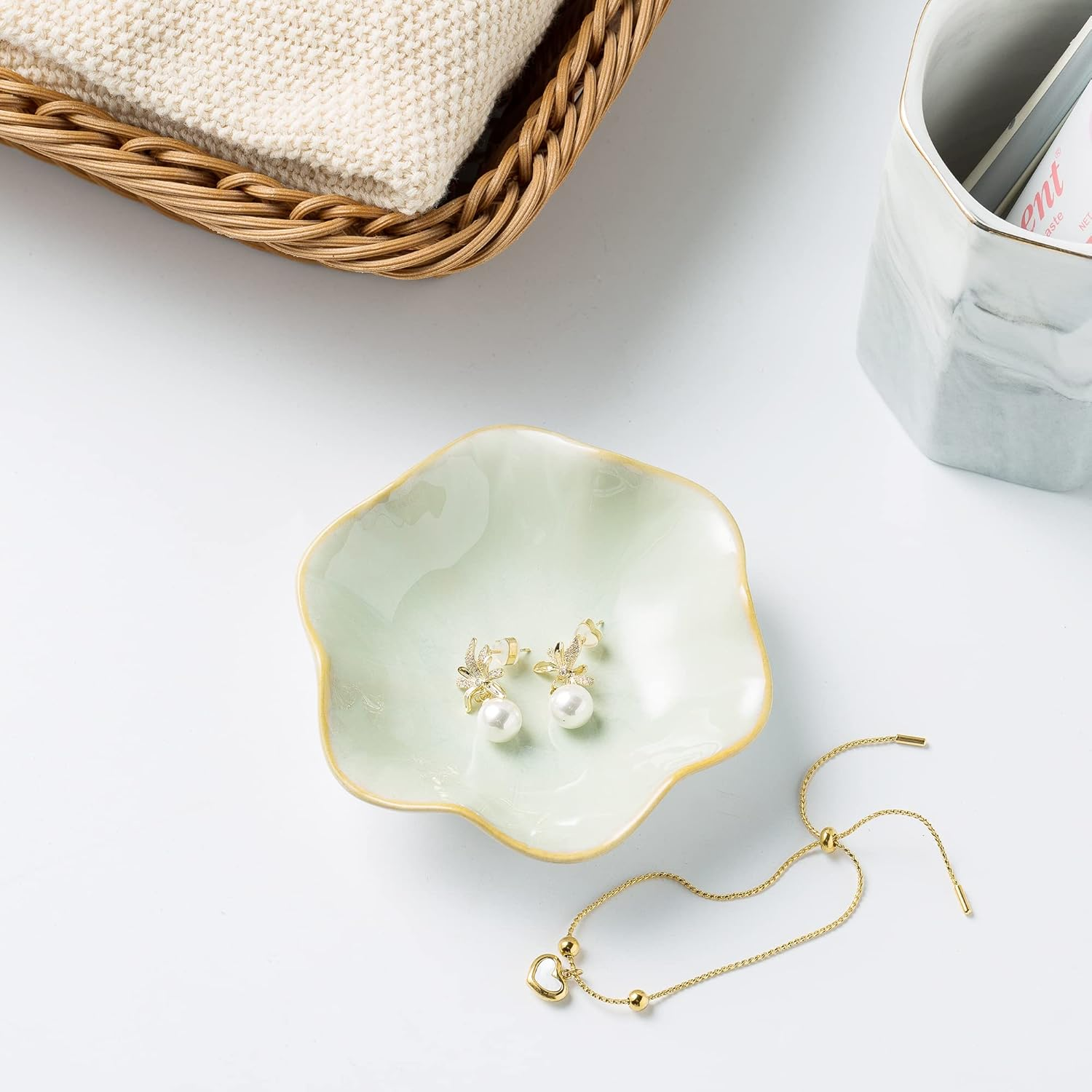 Jewelry Dish Tray, Ring Dish, Ceramic Trinket Tray, Key Bowl, Decorative Plate, Gifts for Friends Sisters Daughter Mother(Light Green) (JS202) image number 5