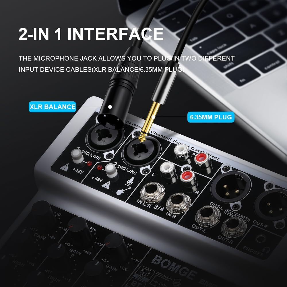 BOMGE 4 Channel Mini DJ Audio Sound Mixer Interface with MP3、 USB, Bluetooth, Stereo Recording, 48V Phantom Power, 24 DSP for Karaoke, Performance, Church Singing 、 Podcas Streaming- White image number 2