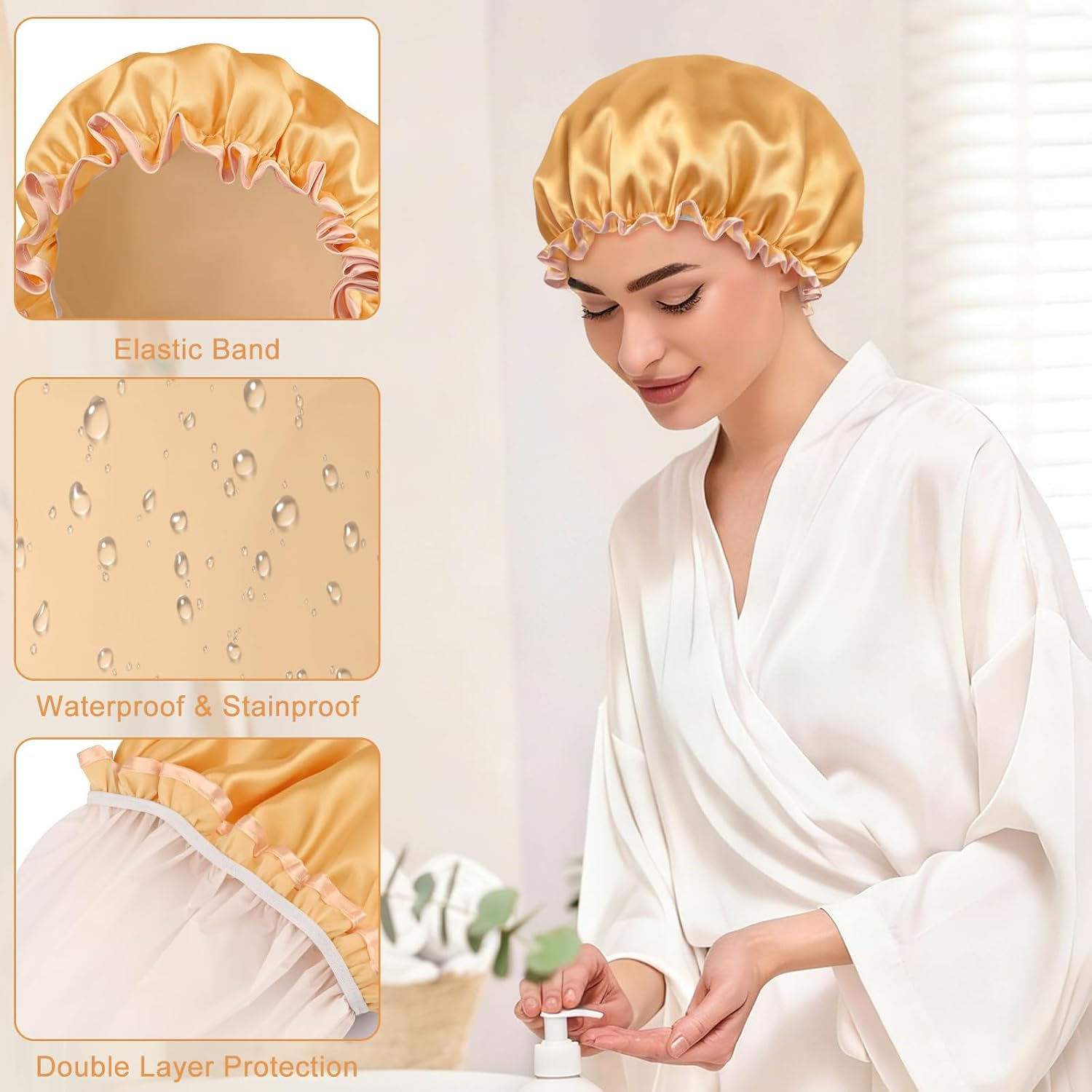 Double Layer Waterproof Shower Cap with Elastic Band, Reusable Bath Cap for Women -Large Waterproof Plastic Shower Hat for Long, Short and Curly Hairs Spa Salon (Champagne) image number 3