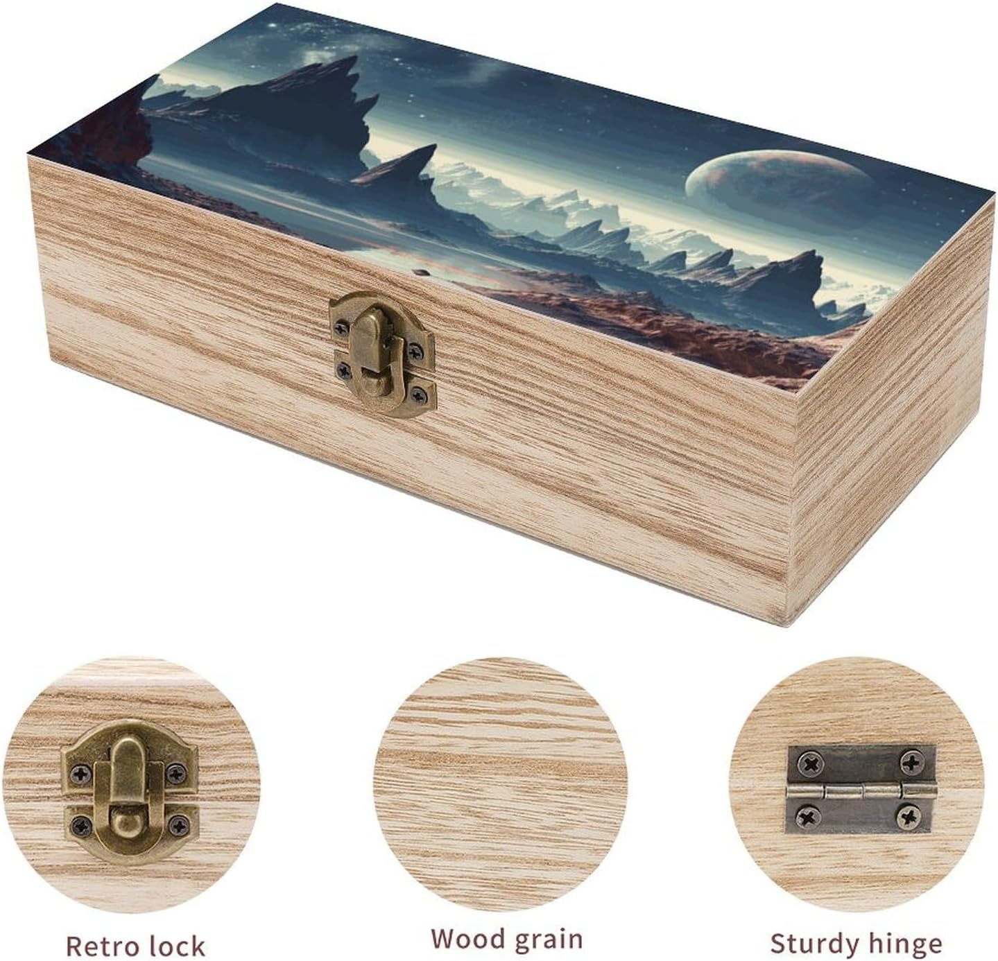 Alien Planet Wooden Box Wood Wedding Keepsake Boxes with Lids Small Decorative Boxes Lightweight Wooden Memory Storage Box for Crafts Keepsakes Jewelry Photo Letter Storage