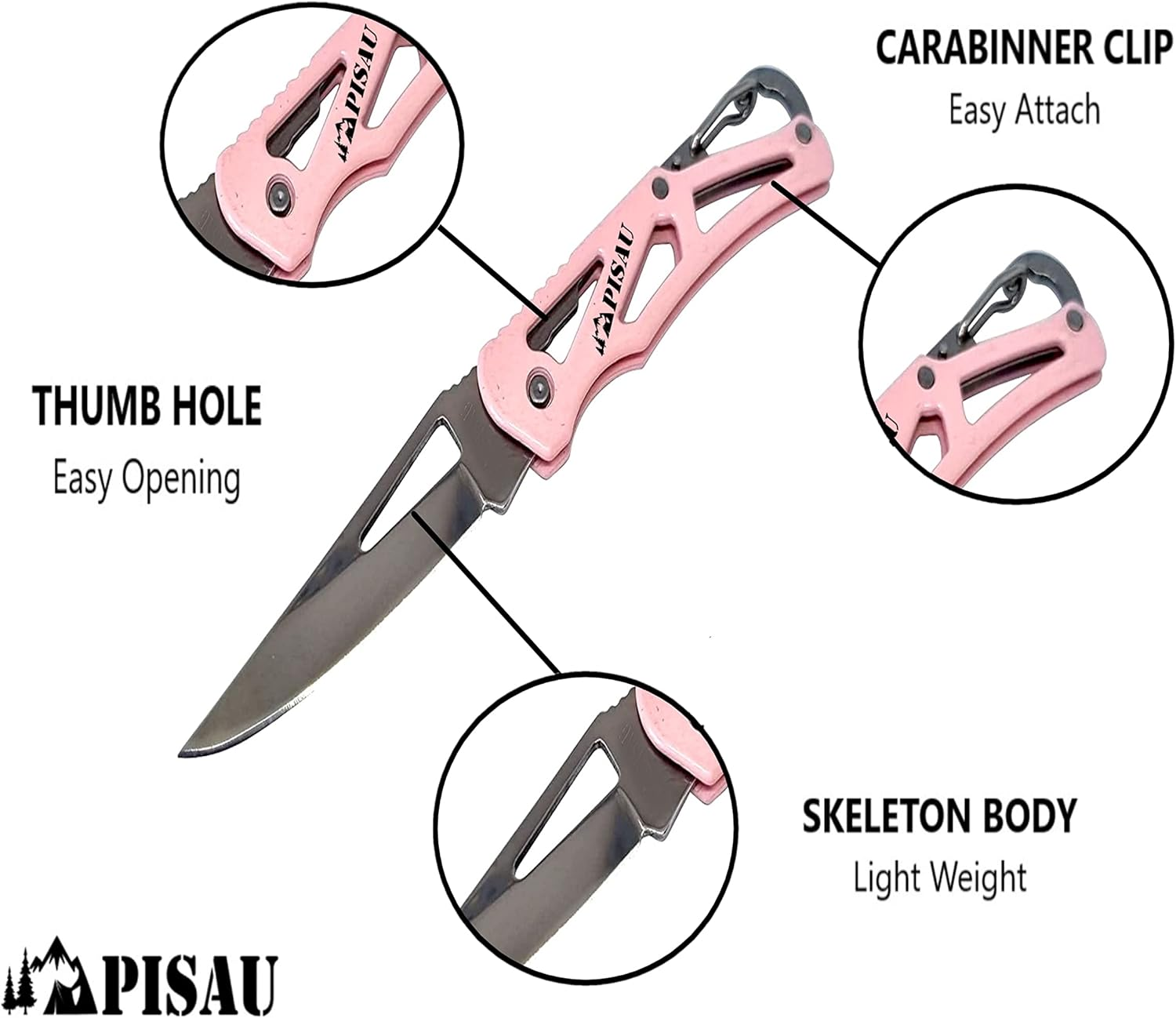 PISAU Small Stainless Steel Camping Folding Knife with Carbinner for Emergceny, Fishing and Camping (Pink)