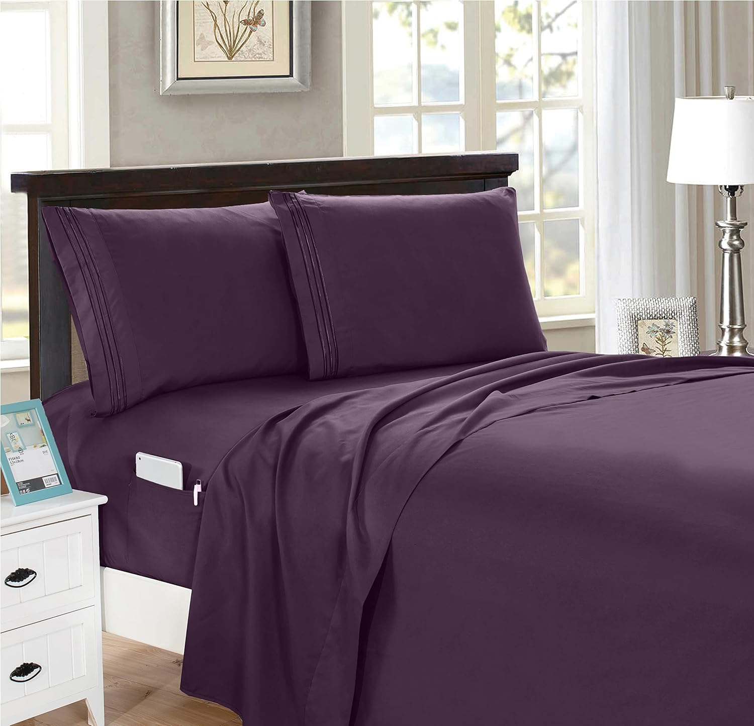 Elegant Comfort 4-Piece Full- Smart Sheet Set! Luxury Soft 1500 Thread Count Egyptian Quality Wrinkle and Fade Resistant with Side Storage Pockets on Fitted Sheet, Full, Eggplant-Purple