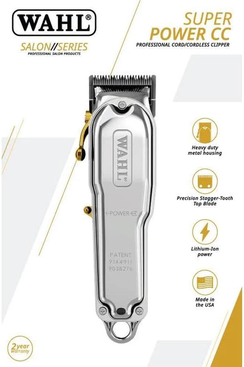 Wahl Professional Metal Power+ Hair Clipper, Silver, All-Metal Housing, Stagger-Tooth Top Blade, Precision Bottom Fade Blade, Professional Hair Trimming and Styling, Cord/Cordless image number 2