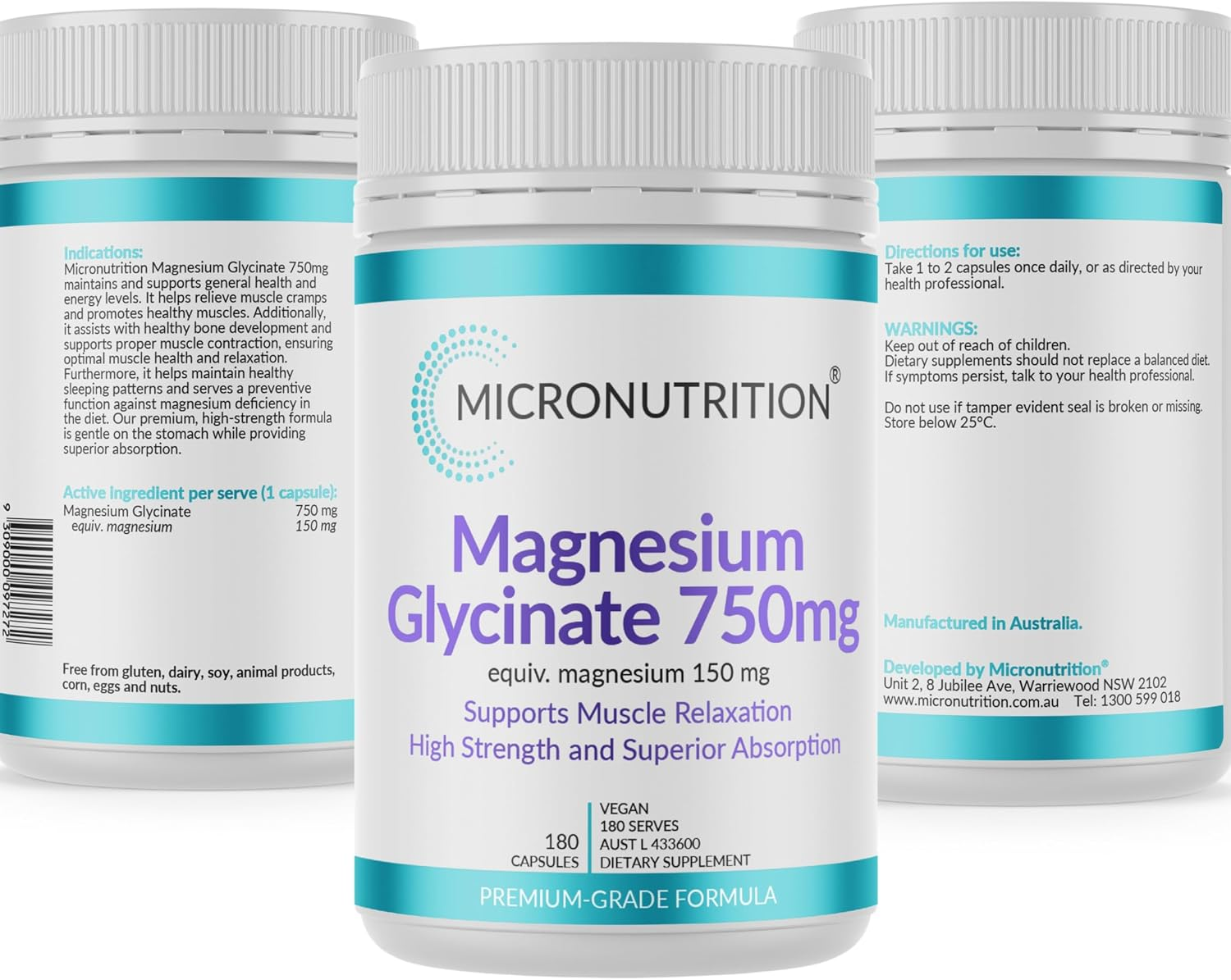MICRONUTRITION Magnesium Glycinate 750Mg (180 Capsules) High Strength High Absorption - Muscle, Bone & Heart Health, Non-Gmo, Gluten Free - 150Mg Elemental Magnesium Supplement (180 Caps)