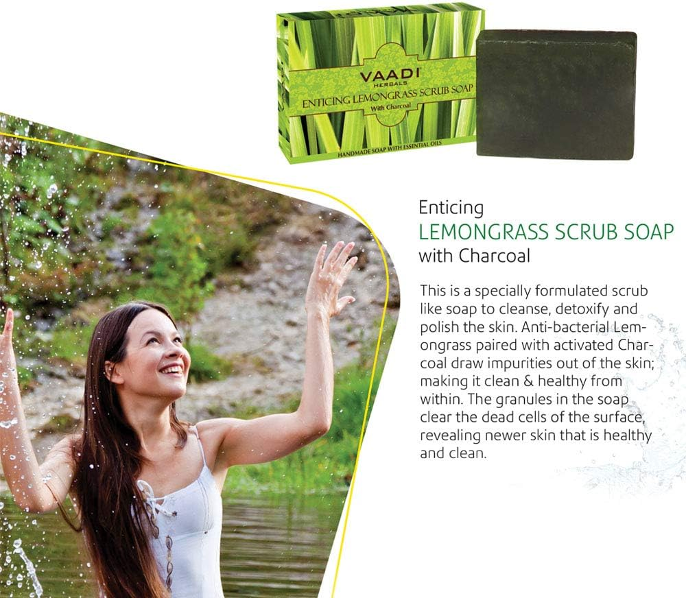 Vaadi Herbals Organic Body Soap Bar Enticing Lemongrass Scrub Soap with Activated Charcoal anti Bacterial Body Soap Bar Sulfate Free Exfoliating Soap - Handmade Herbal Soap (Aromatherapy) with 100% Pure Essential Oils - Deep Pore Cleansing Removes Pimples Oil Control All Skin Type 3 X 75 Gm image number 4