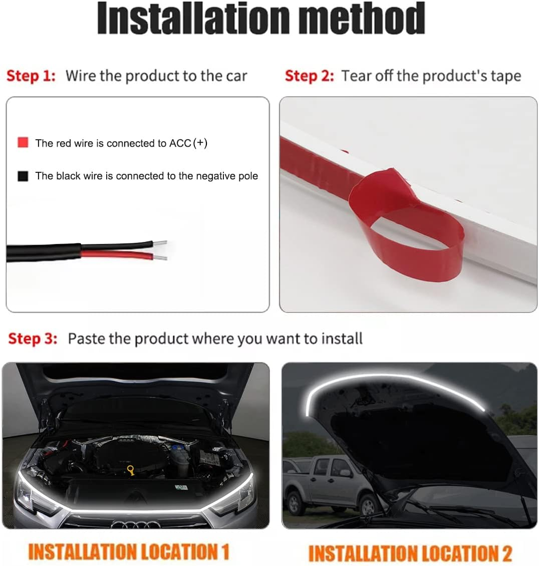 Dynamic Car Hood Light Strip, 59/71/79 Inches Flexible Exterior Car LED Strip Lights Waterproof Car Led Hood Light Daytime Running Light Strip for Cars, Trucks (White) image number 4