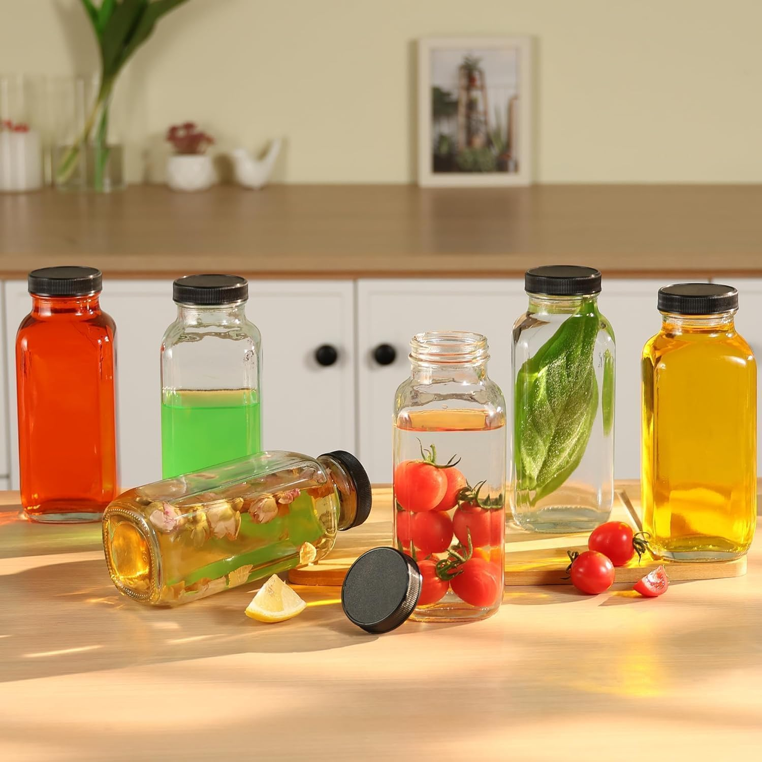 Juice Bottles, Glass Juice Bottles with Lids, 500Ml Reusable Glass Drink Bottles for Fridge, Clear Jars with Caps, for Milk, Juicing, Kombucha, Ginger, Beverage Glassware, Drinking Jars, 16 Oz 6 PCS image number 5