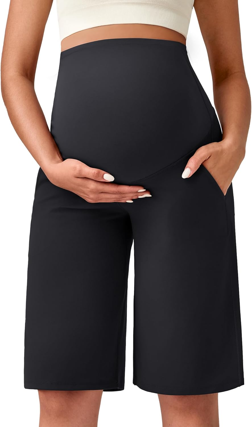 G4Free Maternity Athletic Shorts with Pockets over the Belly Stretchy Workout Pants Pregnancy Wide Leg Bermuda Casual
