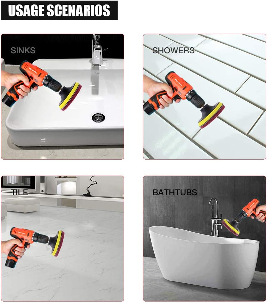 Glarks 16Pcs 4 Inch Drill Power Brush Tile Scrubber Scouring Pads Cleaning Kit with 4 Inch Disc Pad Holder for Bathroom & Kitchen Cleaning, 3 Different Stiffness (Red, Gray, Green) image number 4