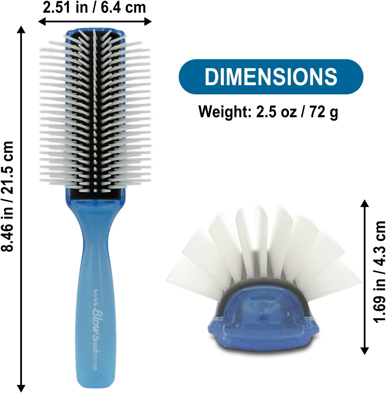 VESS Blow and Styling Hair Brush, Wide 9 Row round Type- Light Weight -Made in Japan-C-150 (Flash Blue) image number 3