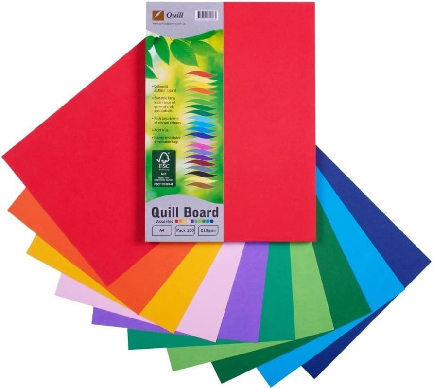 Quill A4 Coloured Board, 210Gsm, 100 Sheets, Assorted 10 Colours, Ideal for School Art and Craft Projects image number 2