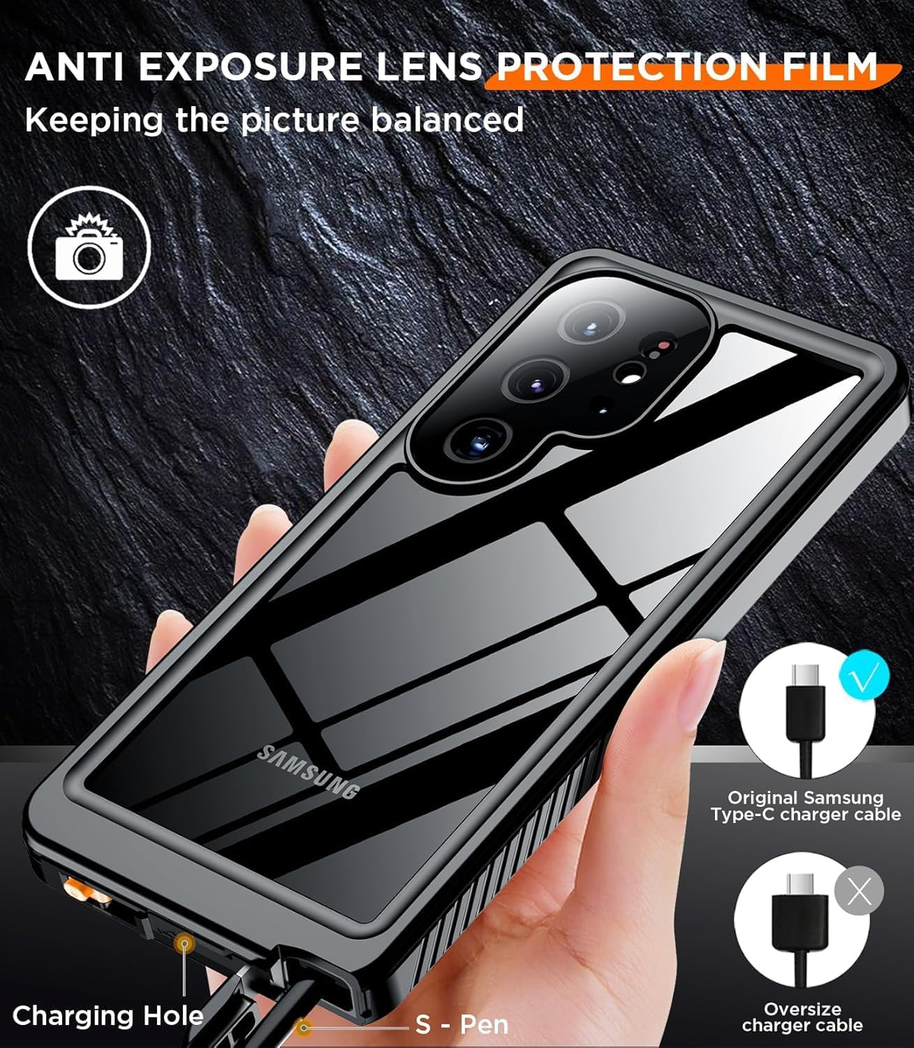 Designed for Samsung Galaxy S25 Ultra Case Waterproof, Built-In Lens & Screen Protector Military Grade Shockproof Dropproof IP68 Underwater Full Body Phone Case for Galaxy S25 Ultra 6.9"-Black 1Pcs image number 5