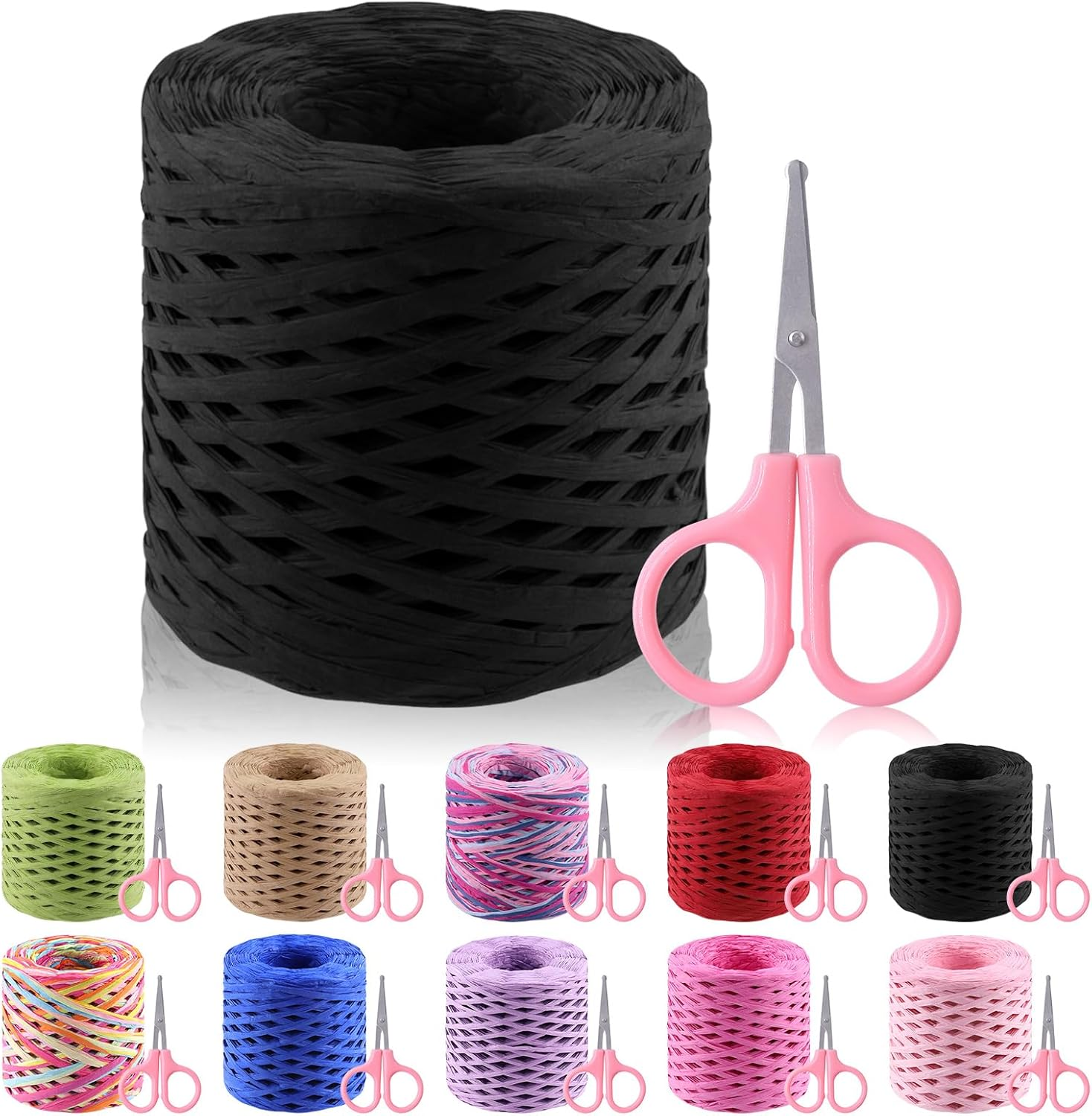 Glarks 200M Raffia Ribbon with Scissors Set, Red Paper Craft String, Natural Kraft Packing Twine for Gift Wrapping and Crafting Supplies