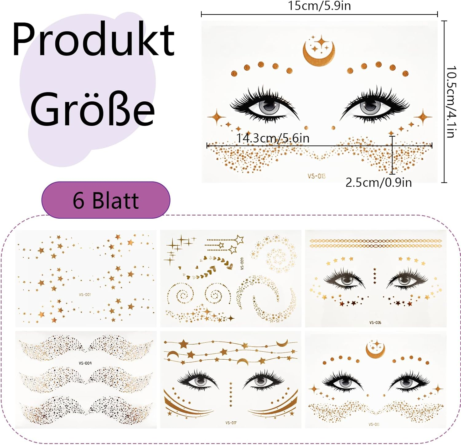 Face Tattoo Carnival, Glitter Festival Make up Tattoos, Waterproof Freckles Freckles Tattoo in Gold for Women (Gold - 6 Styles) - Black-120Pcs image number 3