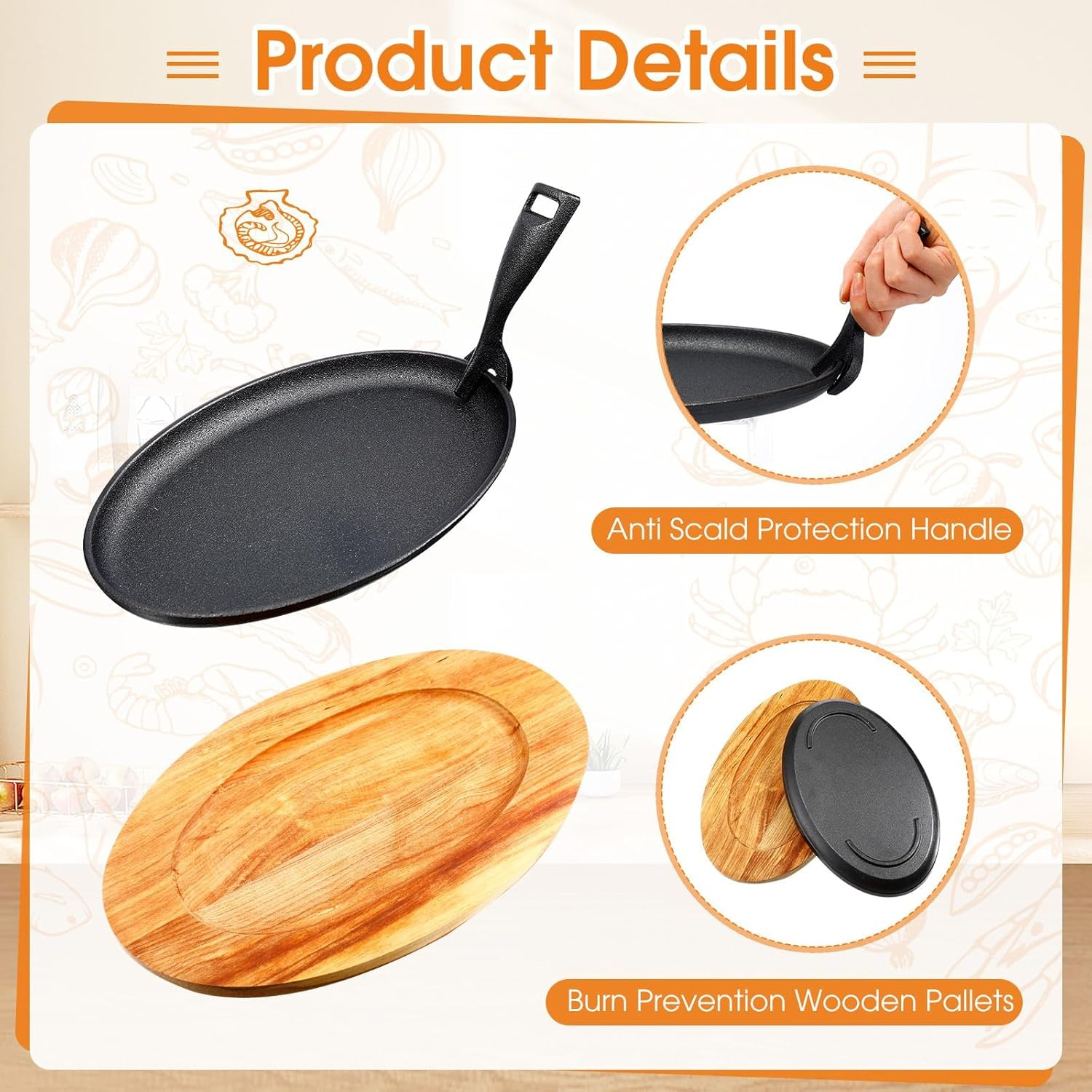 Cast Iron Skillet Set 10.63'' X 6.89'', Fajita Plate Sizzling Pan with Wooden Base anti Scald Protection Removable Handle for Restaurant Kitchen Cooking Accessory BBQ Party, XICEN Steak Pan (4 PCS) image number 6