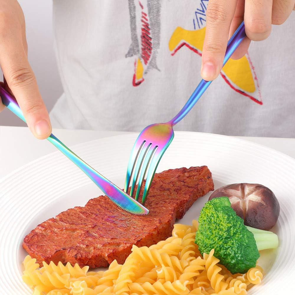 16 Piece Silverware Set, Stainless Steel Flatware Set Service for 4, Tableware Cutlery Set Including Knives Forks Spoons, Mirror Polishing, Dishwasher Safe (Rainbow) image number 3