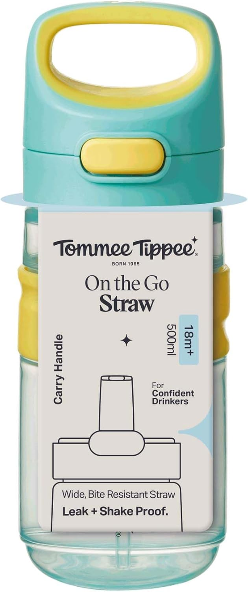 Tommee Tippee On-The-Go Straw Cup, 500Ml, Non-Spill Sporty Toddler Water Bottle for 18 Months+, Push-To-Open Lid Helps Keep Wider Straw Clean, Assorted Colours, 1 Pack