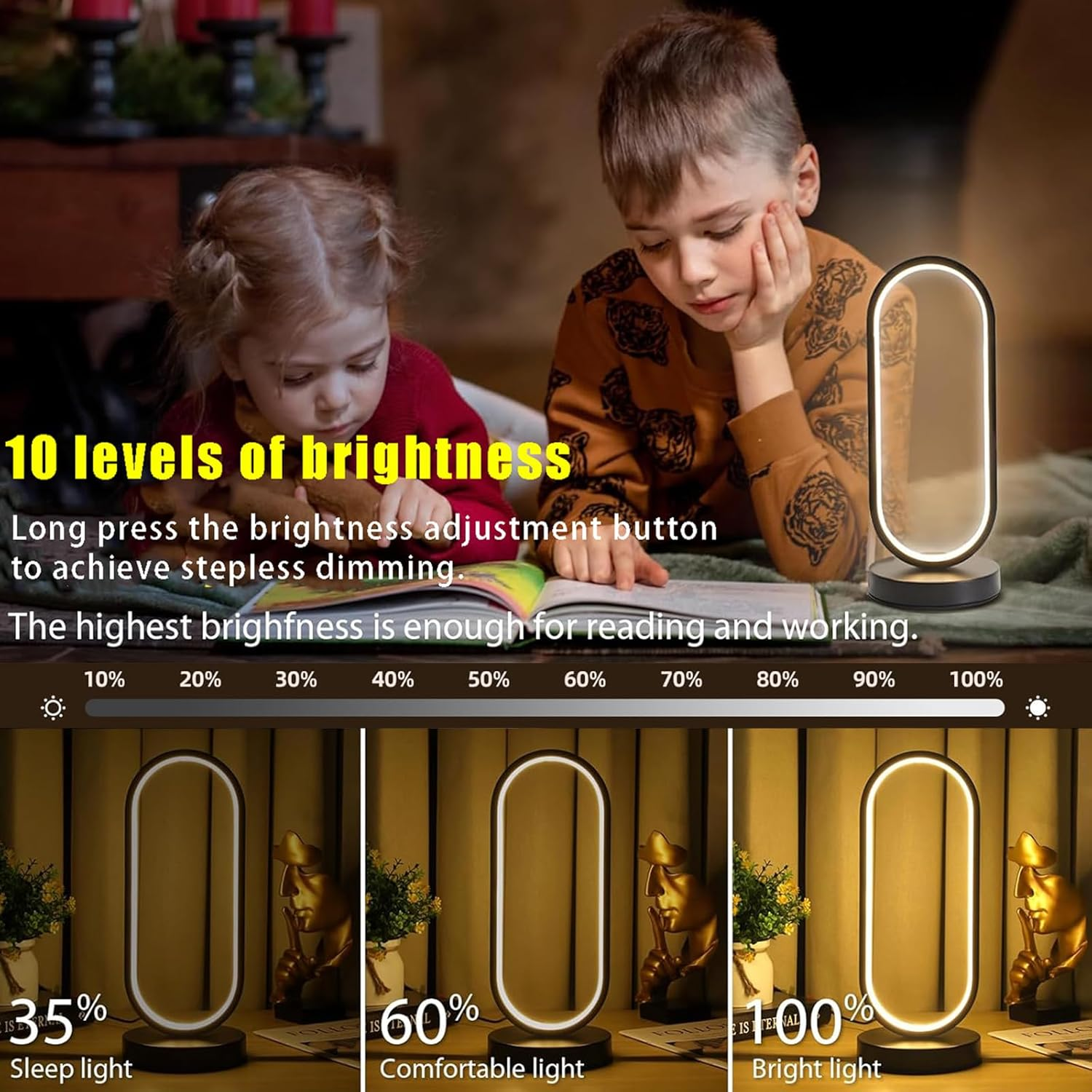 Small Modern Bedside Table Lamp, LED Oval Bedside Night Light, 3 Color Temperatures and 10 Brightness Levels, 8.6'' Desk Lamp for Bedroom, Living Room, Reading Lamp, Home Decoration, Black image number 5