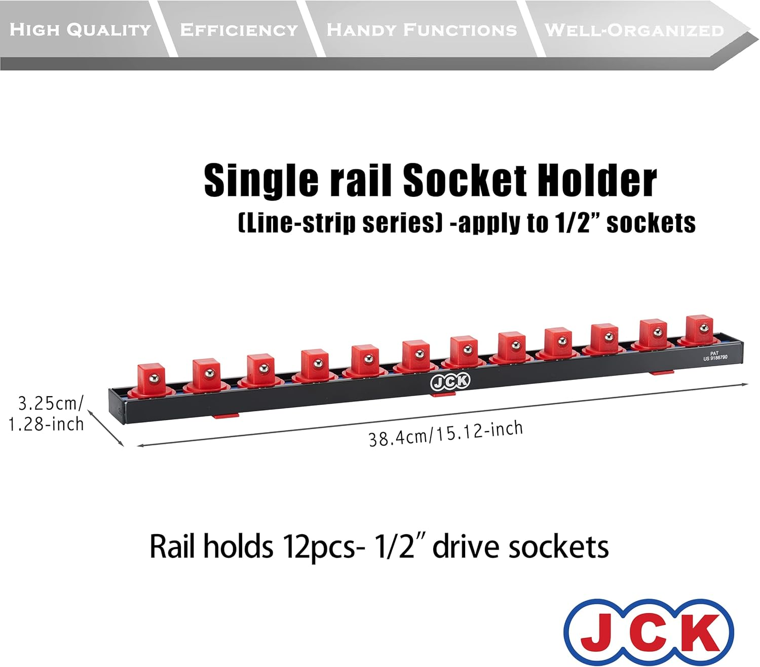 JCK Professional Quality Aluminum Single Rail Socket Organizer (Line-Strip Series) with 360 Degree Rotary Studs Black & Orange & Blue for Metric/Imperial 1/2" Sockets Storage image number 5