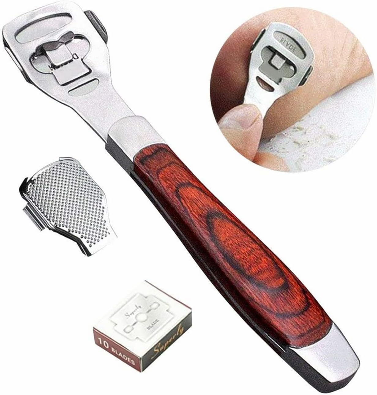Stainless Steel Callus Shaver Pedicure Dead Hard Skin Remover Heel Razor Wooden Handle Cutter with Skin Rub & 10 Blades for Foot Care, Removing Solid, Cracked Skin Cells