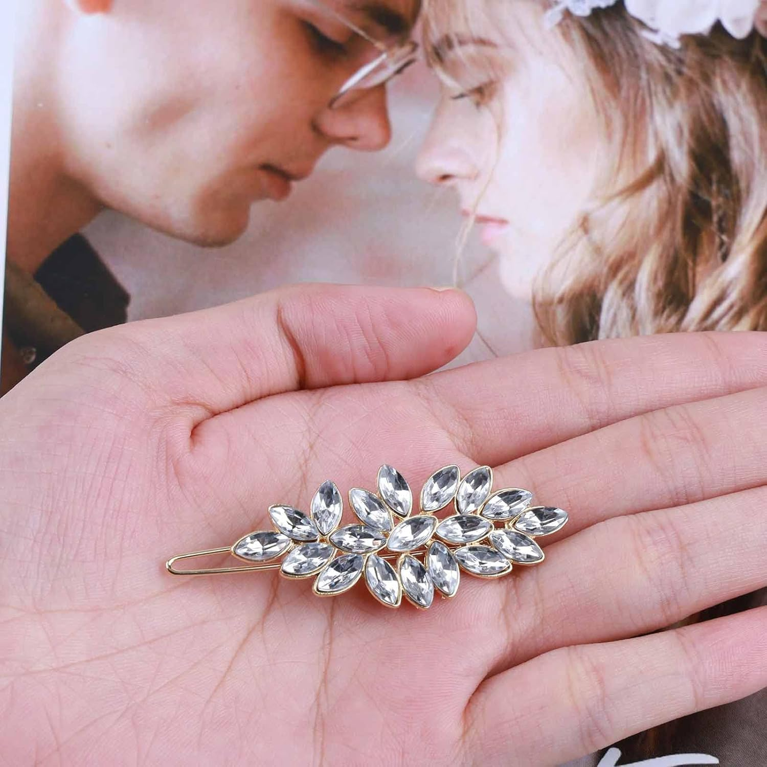 Yheakne Vintage Crystal Leaf Hair Clip Pin Gold Rhinestone Hair Clip Pin Shiny CZ Leaf Hair Clip Crystal Head Clip Decorative Bobby Pins Hair Accessories for Women and Girls (Gold) image number 3