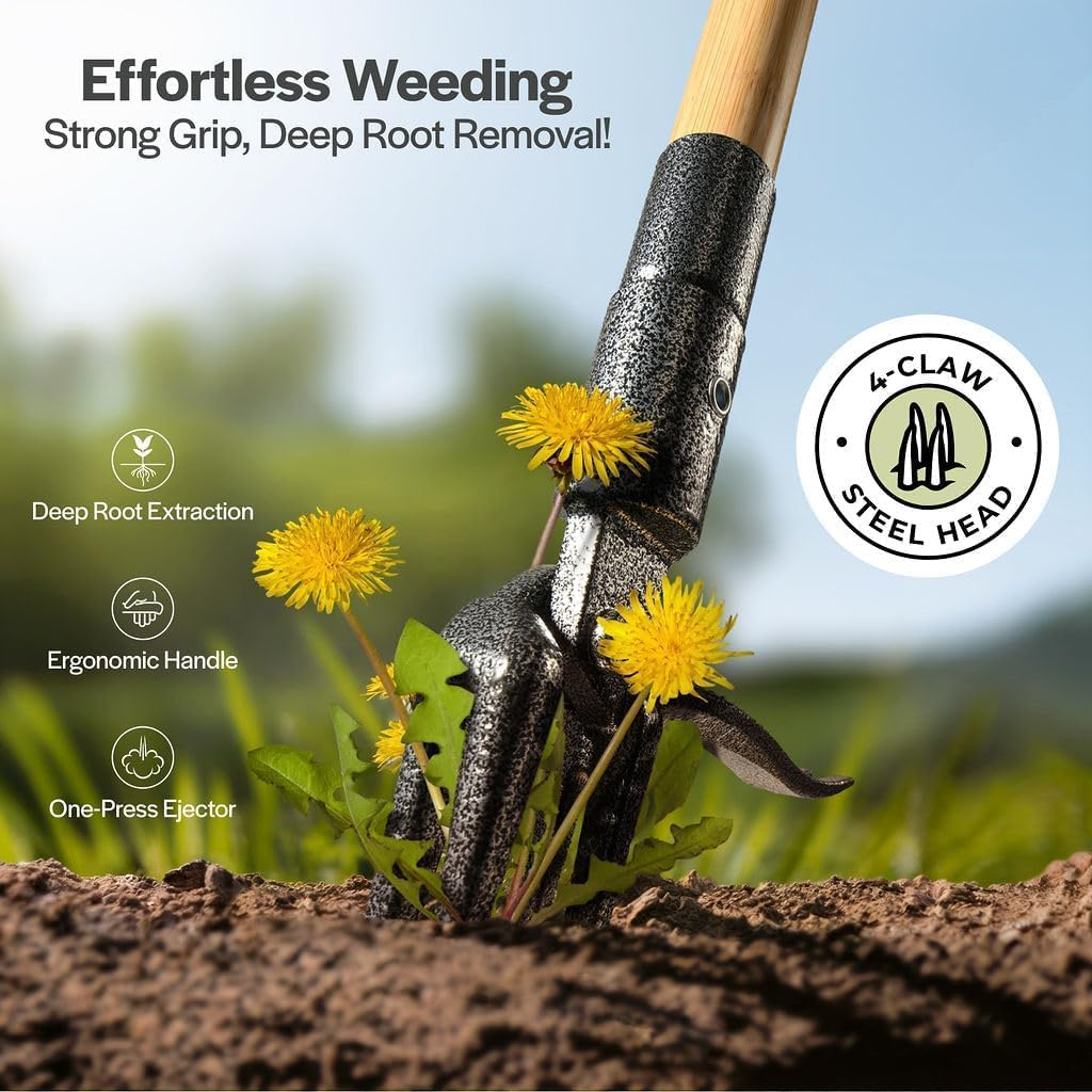 APEXORIGIN Weed Puller Tool, 1.1M Stand up Heavy Duty Weed Remover Tool with Long Handle, Foot Platform Design - 4 Claw Steel Head Weeder Tool, Bamboo Garden Hand Weeding Tool (Black) image number 6