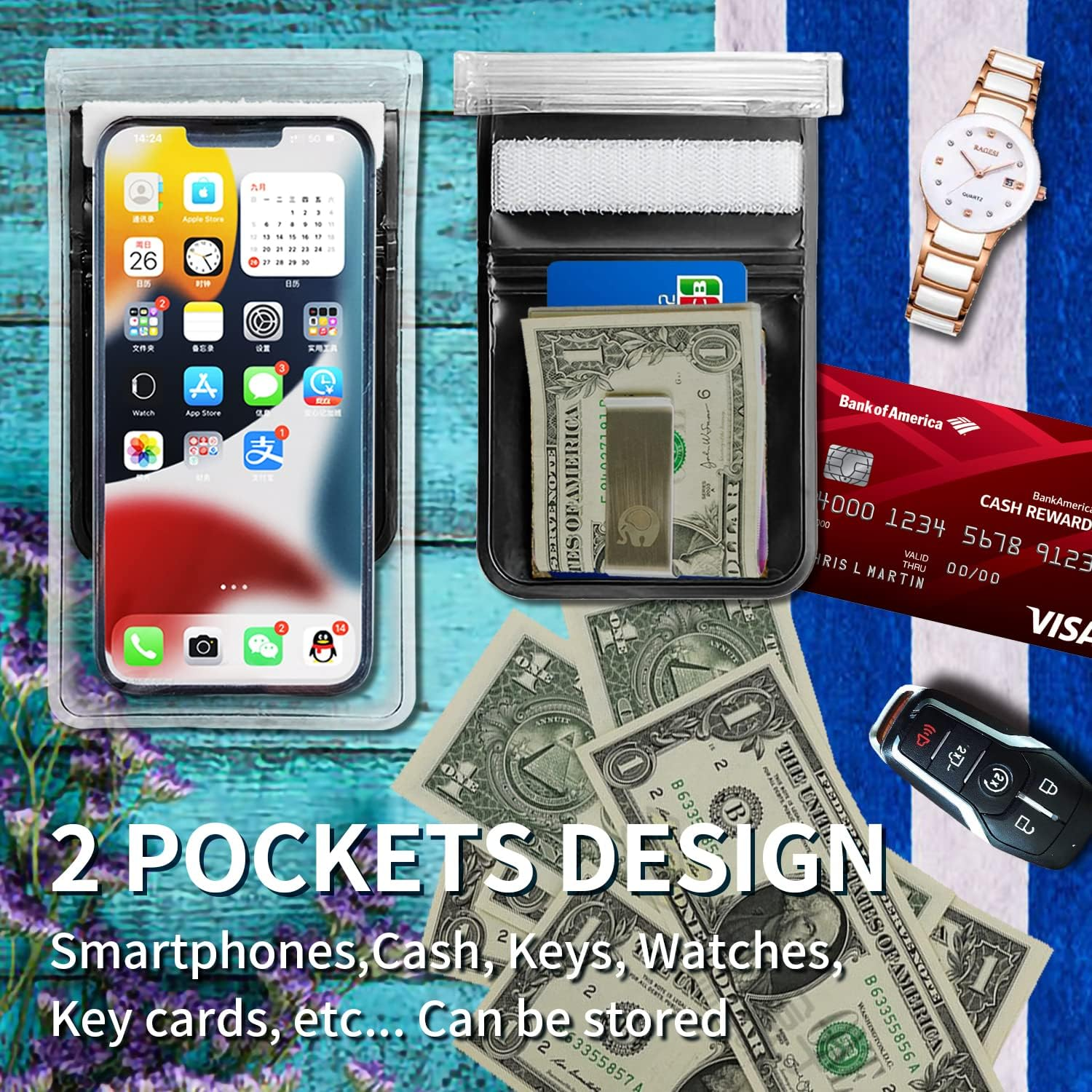 Oreunik Waterproof Phone Pouch [2-Pack], Waterproof Case Dry Bag for Iphone 14/13/12 Pro MAX Samsung Galaxy S22/S20 Ultra S11/S10 up to 8 Inches, Screen Touch Sensitivity, 2 Layer Design Pocket, Black image number 3