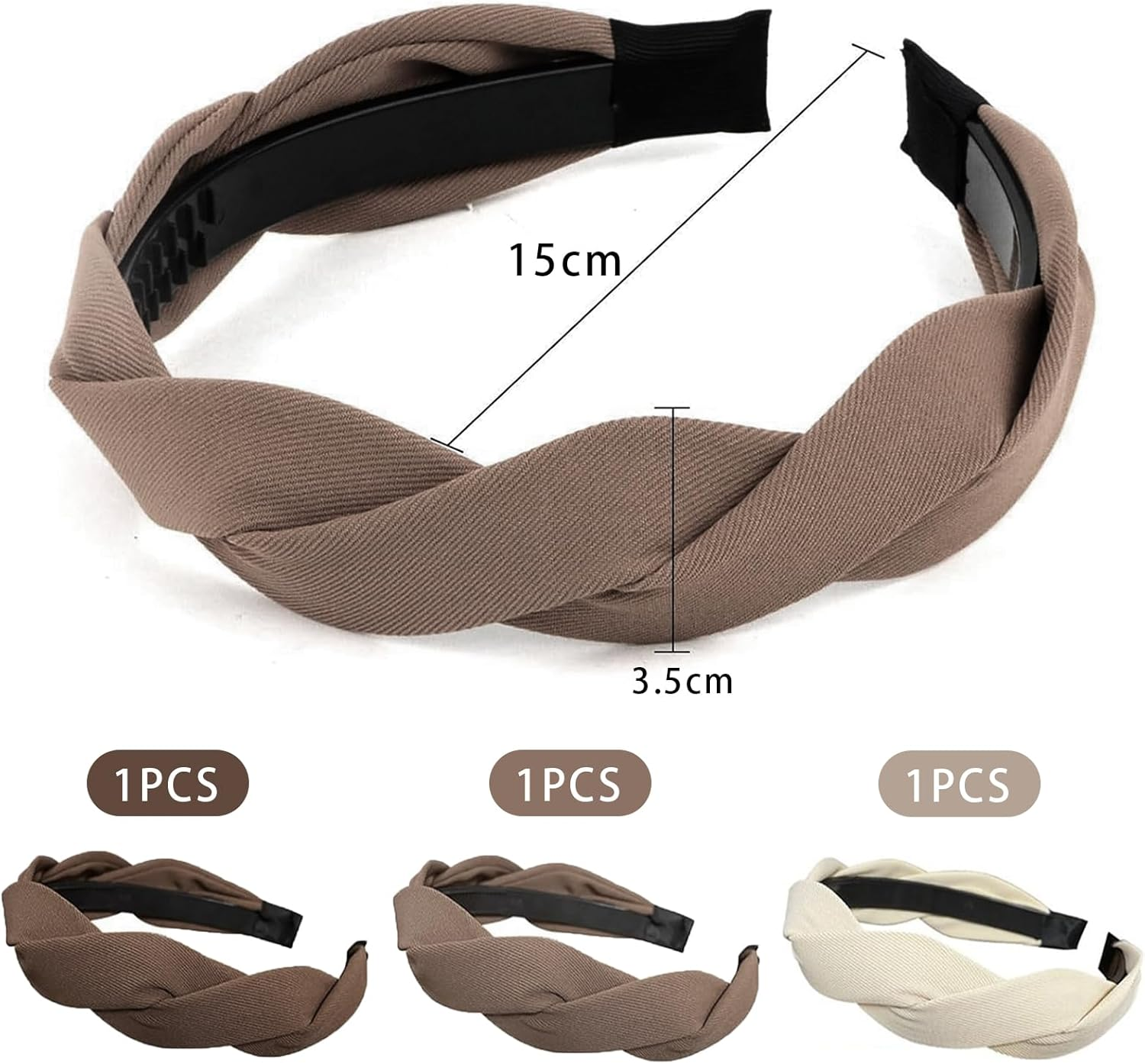 Nayyana 3 Pieces Fashion Solid Headbands for Women and Girls, Wide Braided Headband, Fabric Hair Bands with Tooth, 3Cm Non-Slip Headband Accessories, Coffee Color image number 1