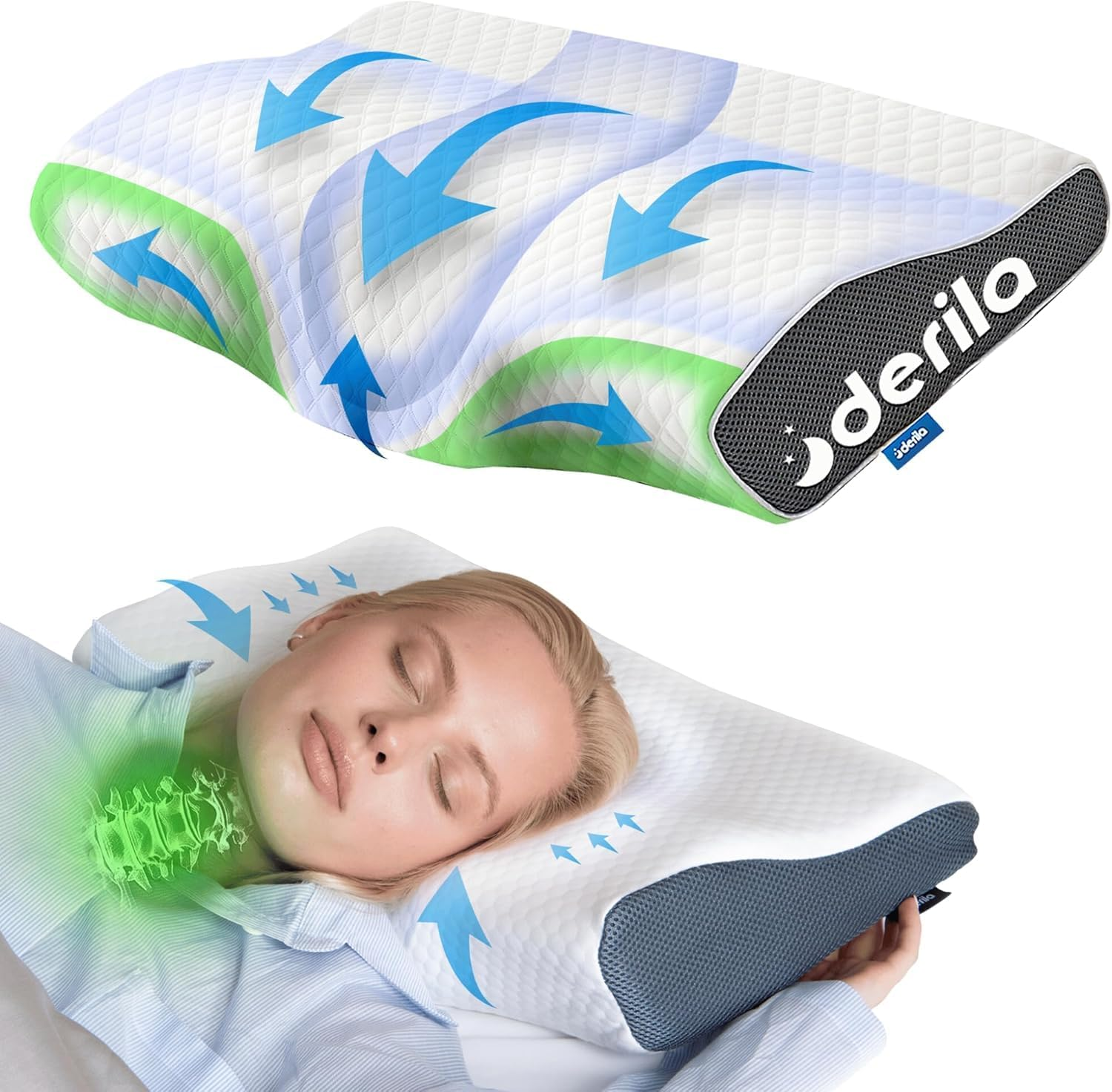 Derila Queen Size Cervical Neck Pillow. Ergonomic Bed Pillows for Sleeping. Contour Memory Foam Pillow for Neck & Shoulder Pain Relief, anti Snore. Back, Stomach, Side Sleepers.