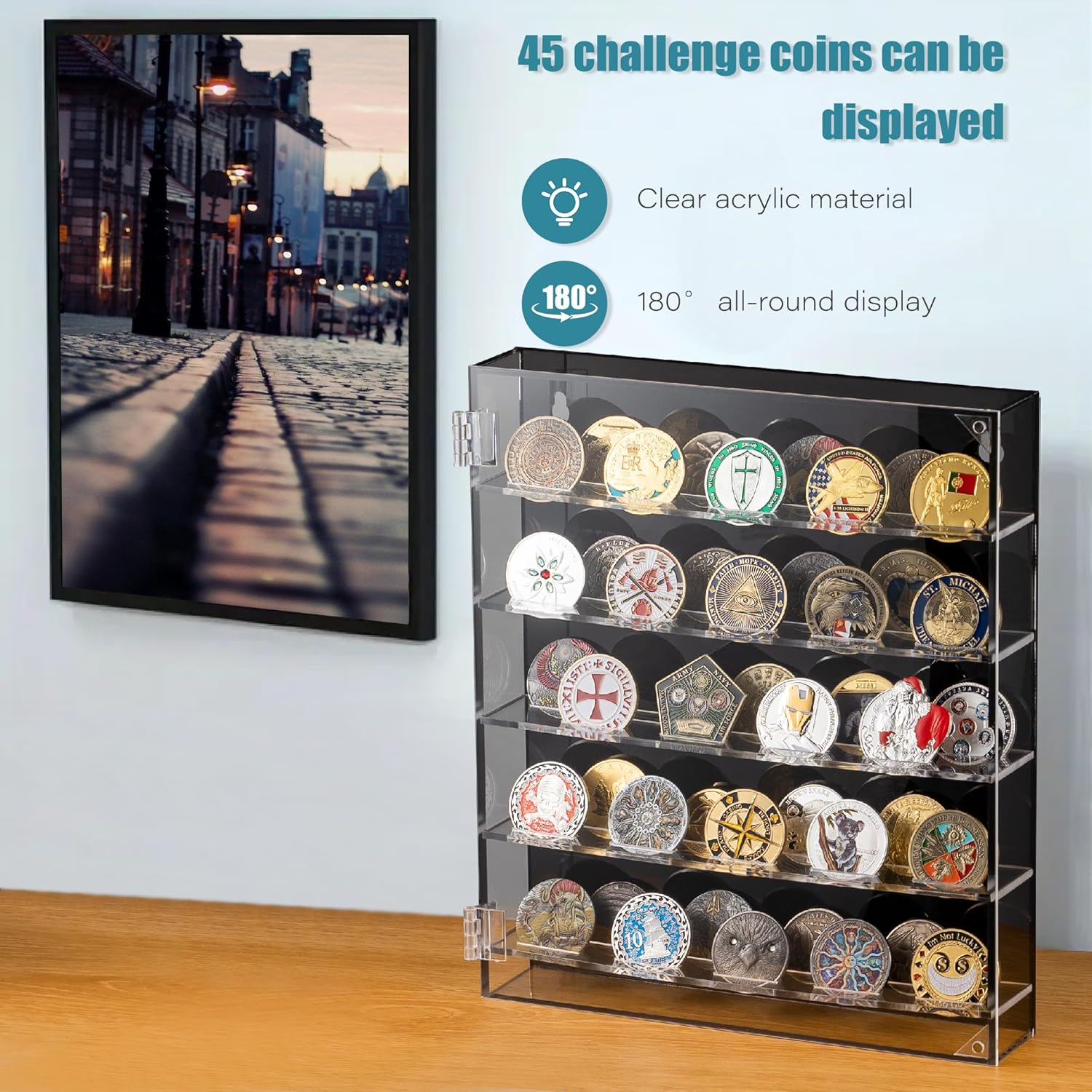 Coin Holder, Challenge Coin Display Box with Removable Shelves and Magnetic Door, Acrylic Challenge Coin Holder, Clear Coin Case Coin Box Fits 45 Military Medals Poker Chip Pins Badges (White) image number 6