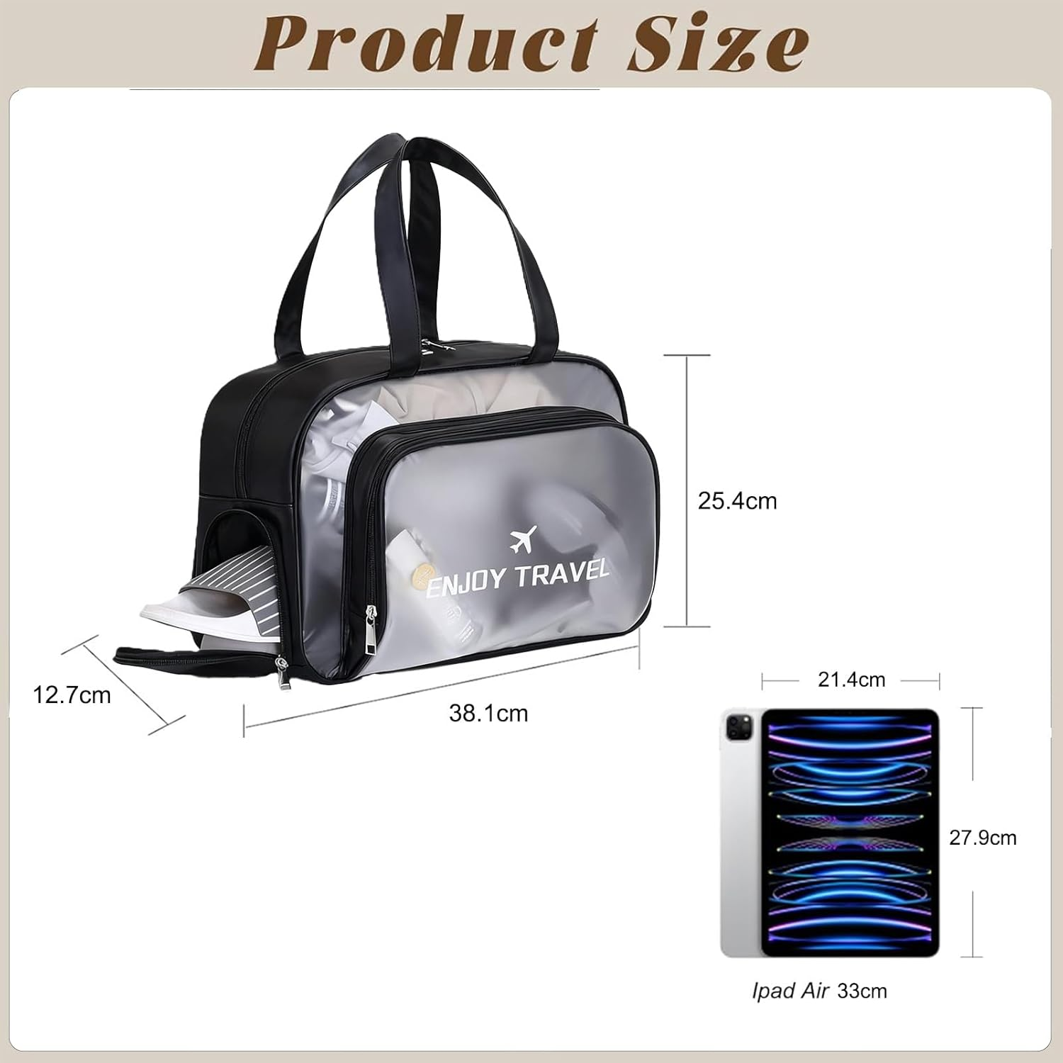 Clear Toiletry Bag - Large Waterproof Transparent Makeup & Wash Bag with Shoe Compartment & Wet Pocket | Travel Organiser for Aussie Holidays, Beach & Gym（Black） image number 6