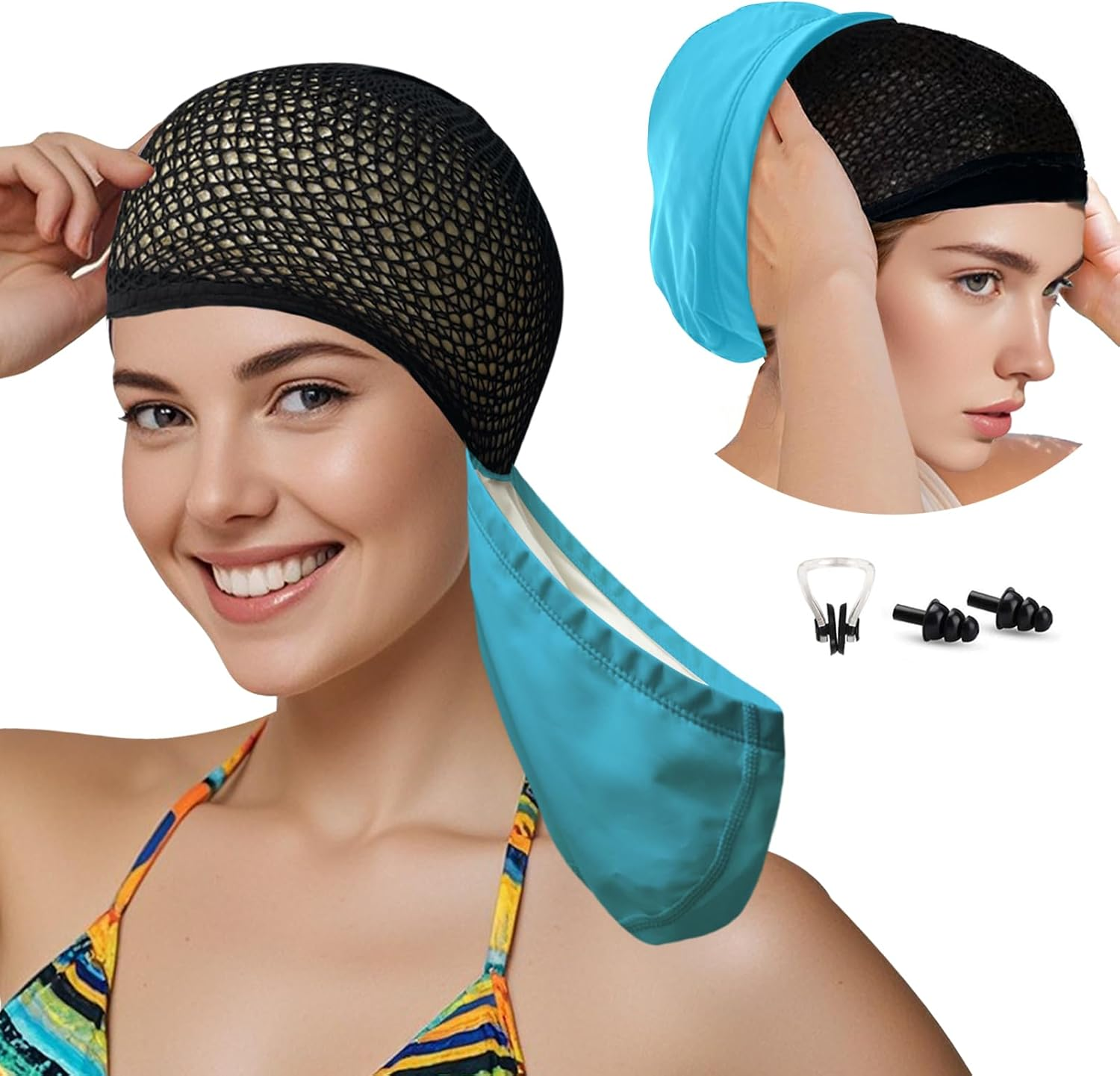Women PU Coat Waterproof Fabric Hairnet Swim Cap Long Lair Swim Hat Elasticity Swimming Cap Long Hair