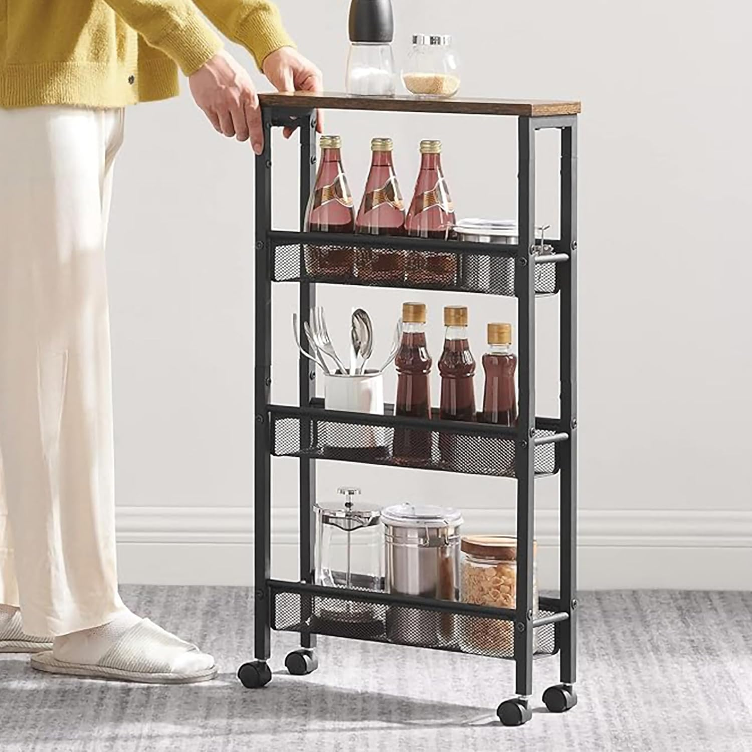 Relaxdays Niche Trolley, H X W X D: 77 X 13 X 45 Cm, Narrow Recess Shelf Bathroom & Kitchen, 4 Levels, Metal Rolling Shelf, Brown/Black image number 7